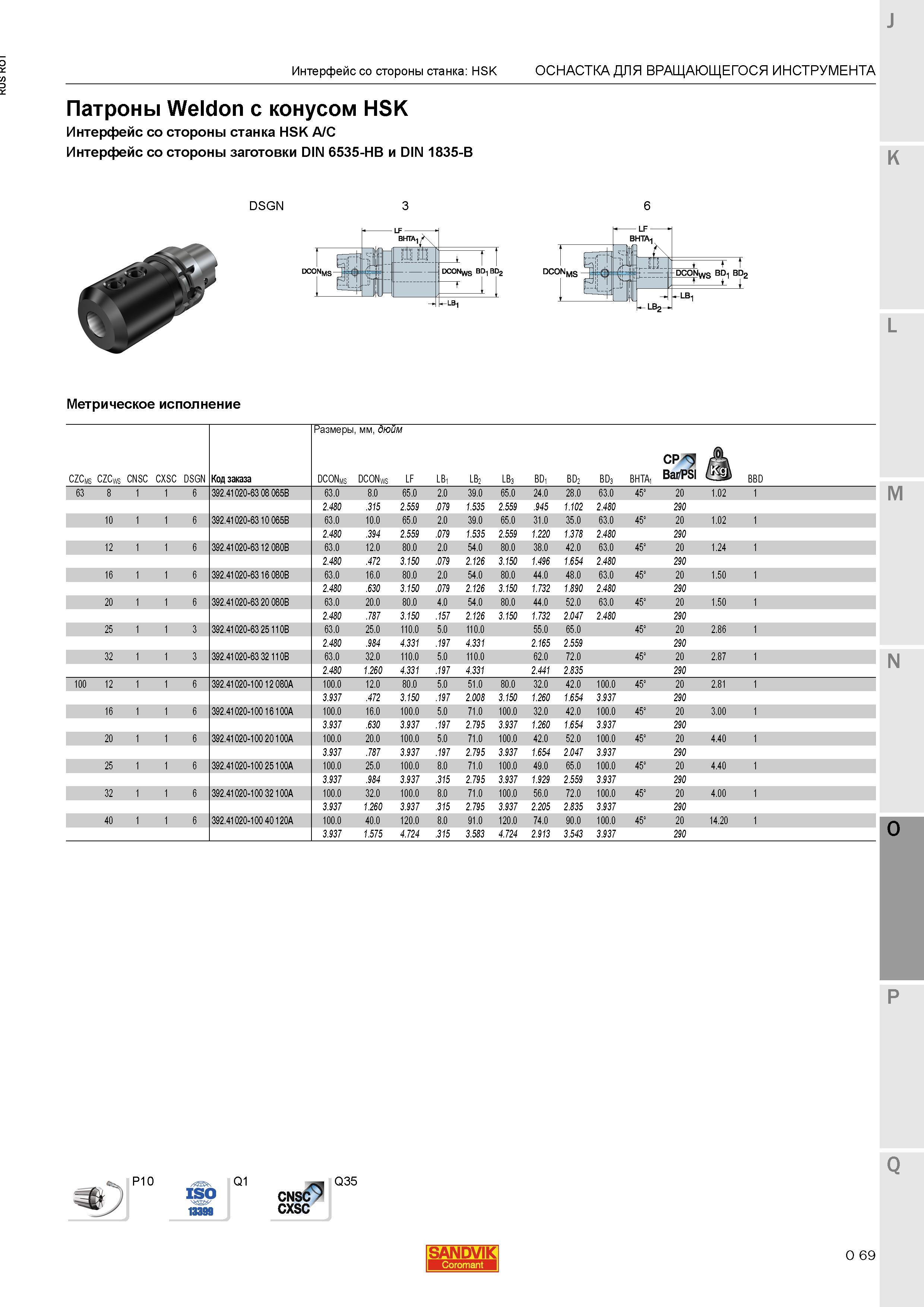 1313 Патроны Sandvik Weldon с конусом HSK Интерфейс со стороны станка HSK A C Интерфейс со стороны заготовки DIN 6535-HB и DIN 1835-B Метрическое ис Каталог SANDVIK COROMANT 2015 Металлорежущие вращающиеся инструменты и станочная инструментальная оснастка Стр. O69