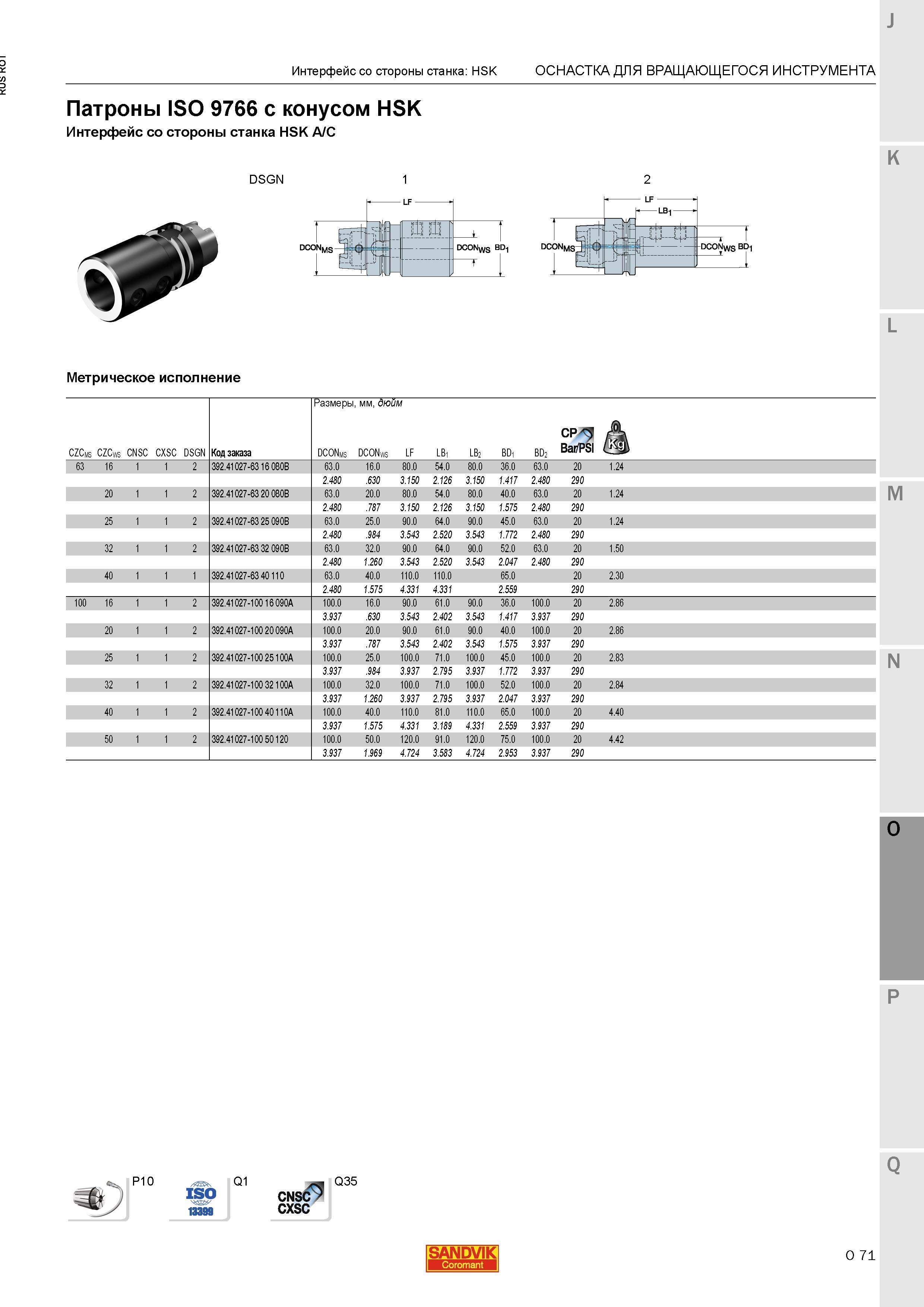 1315 Патроны Sandvik ISO 9766 с конусом HSK Интерфейс со стороны станка HSK A C Метрическое исполнение Размеры мм дюйм Интерфейс со стороны станка H Каталог SANDVIK COROMANT 2015 Металлорежущие вращающиеся инструменты и станочная инструментальная оснастка Стр. O71