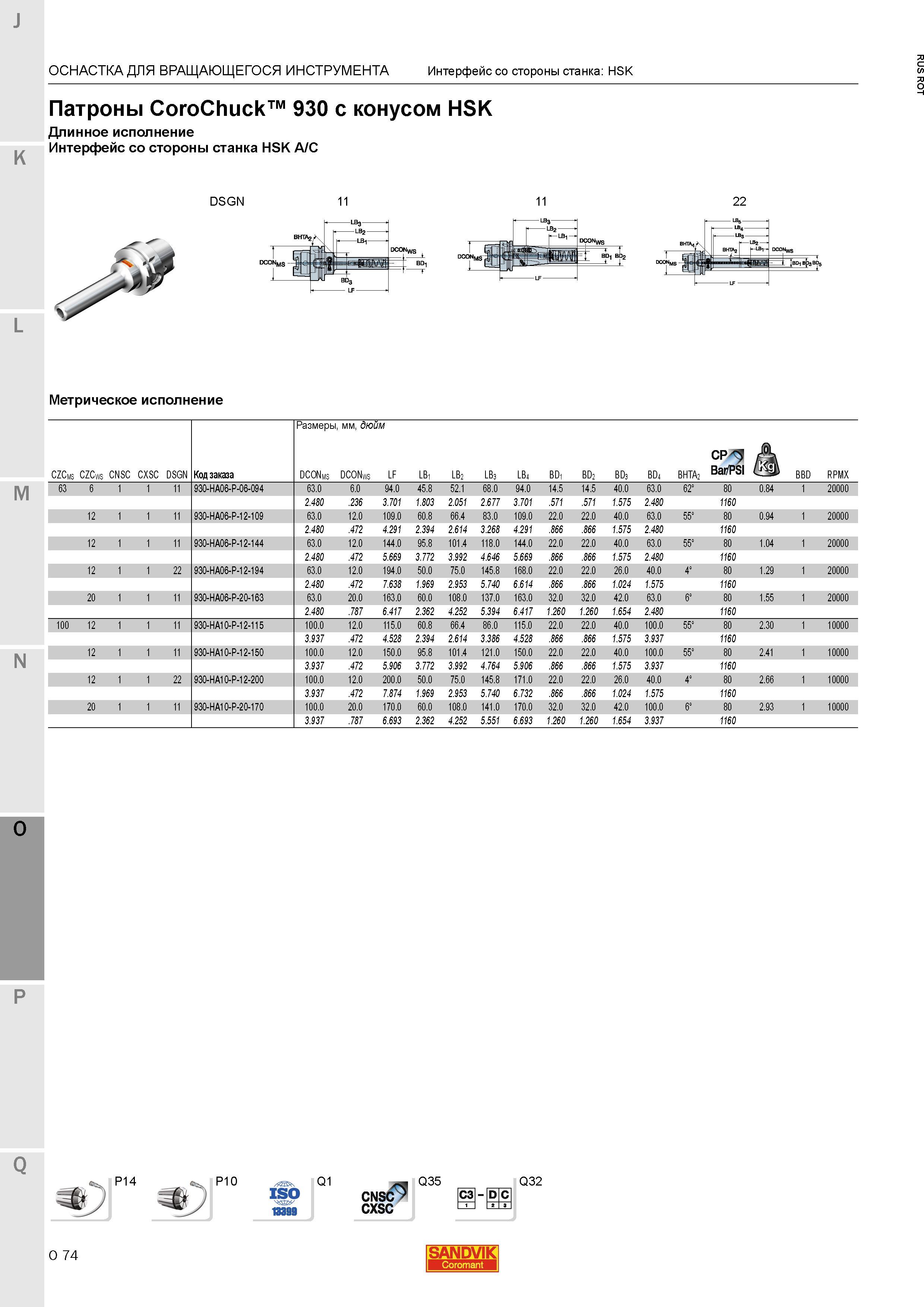 1318 Патроны Sandvik CoroChuck 930 с конусом HSK Длинное исполнение Интерфейс со стороны станка HSK A C Метрическое исполнение ОСНАСТКА ДЛЯ ВРАЩАЮЩЕ Каталог SANDVIK COROMANT 2015 Металлорежущие вращающиеся инструменты и станочная инструментальная оснастка Стр. O74