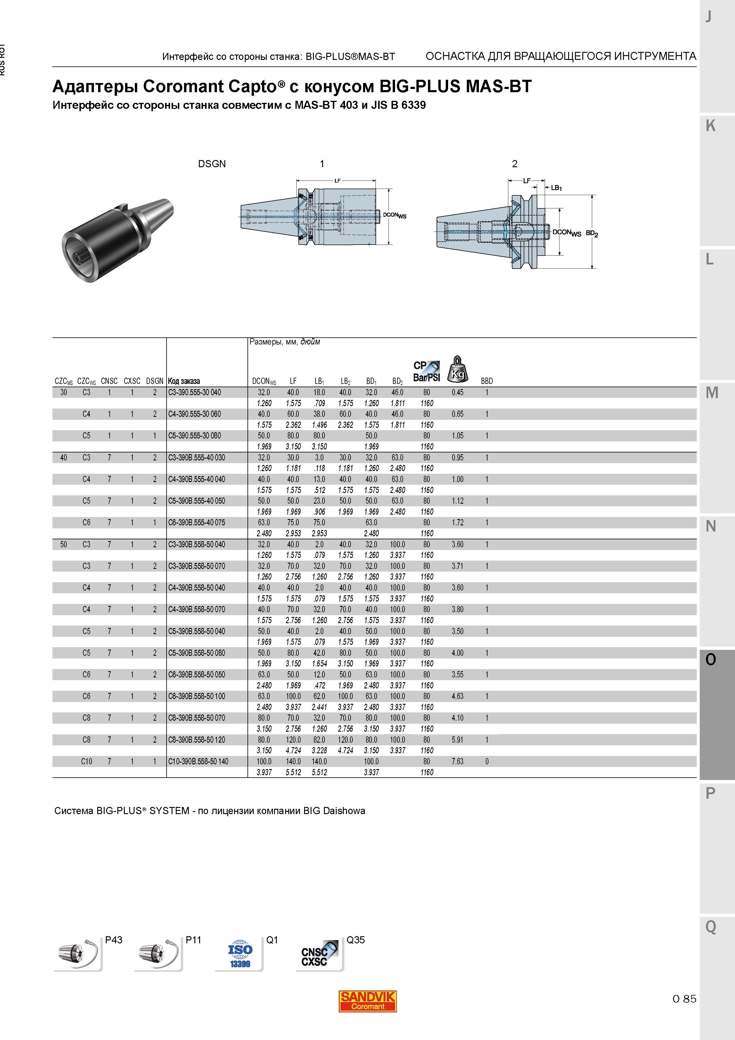 1329 Адаптеры Sandvik Coromant Capto с конусом BIG-PLUS MAS-BT Интерфейс со стороны станка совместим с MAS-BT 403 и JIS B 6339 Размеры мм дюйм Интер Каталог SANDVIK COROMANT 2015 Металлорежущие вращающиеся инструменты и станочная инструментальная оснастка Стр. O85