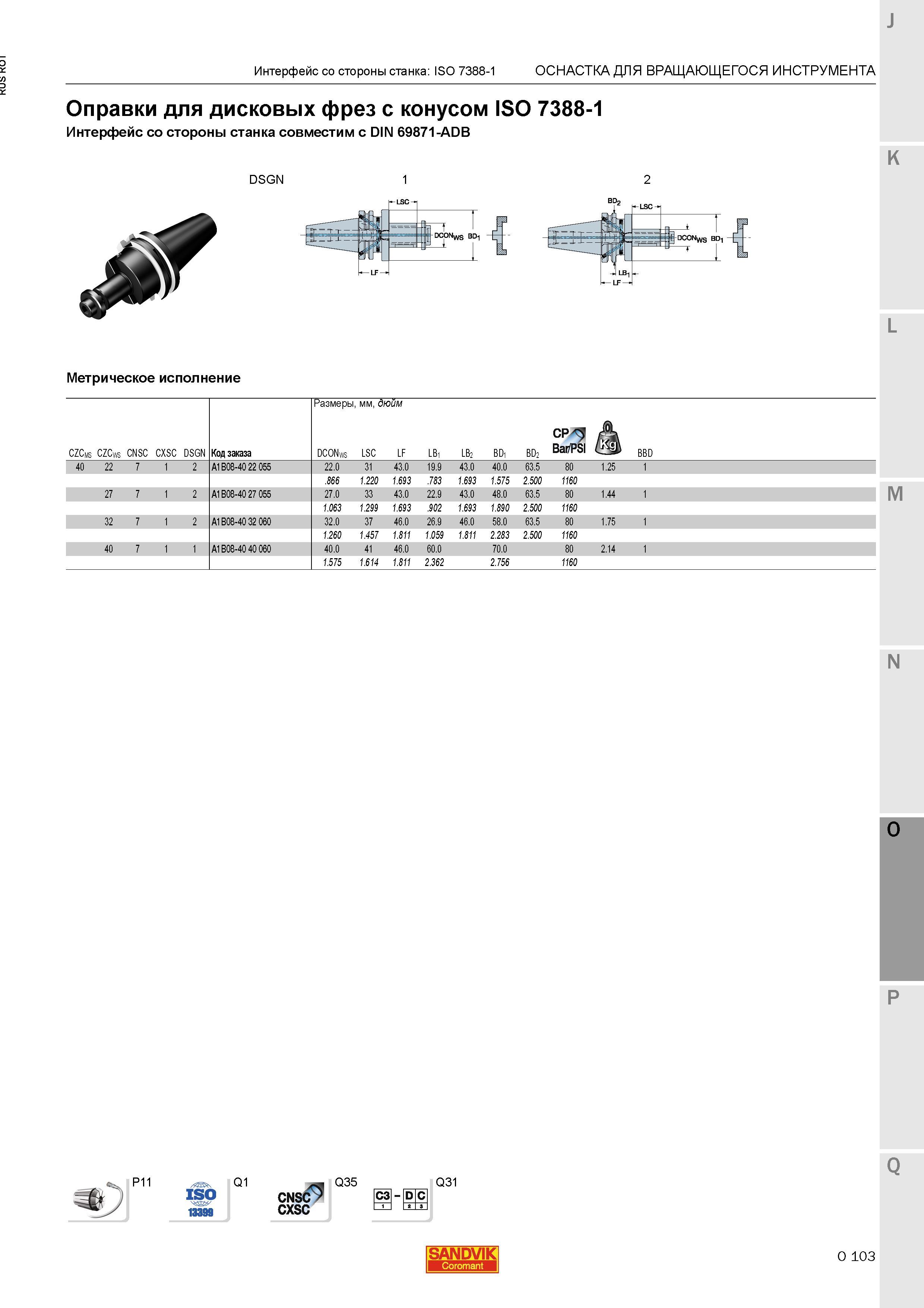 1347 Оправки Sandvik для дисковых фрез с конусом ISO 7388-1 Интерфейс со стороны станка совместим с DIN 69871-ADB Метрическое исполнение Интерфейс с Каталог SANDVIK COROMANT 2015 Металлорежущие вращающиеся инструменты и станочная инструментальная оснастка Стр. O103