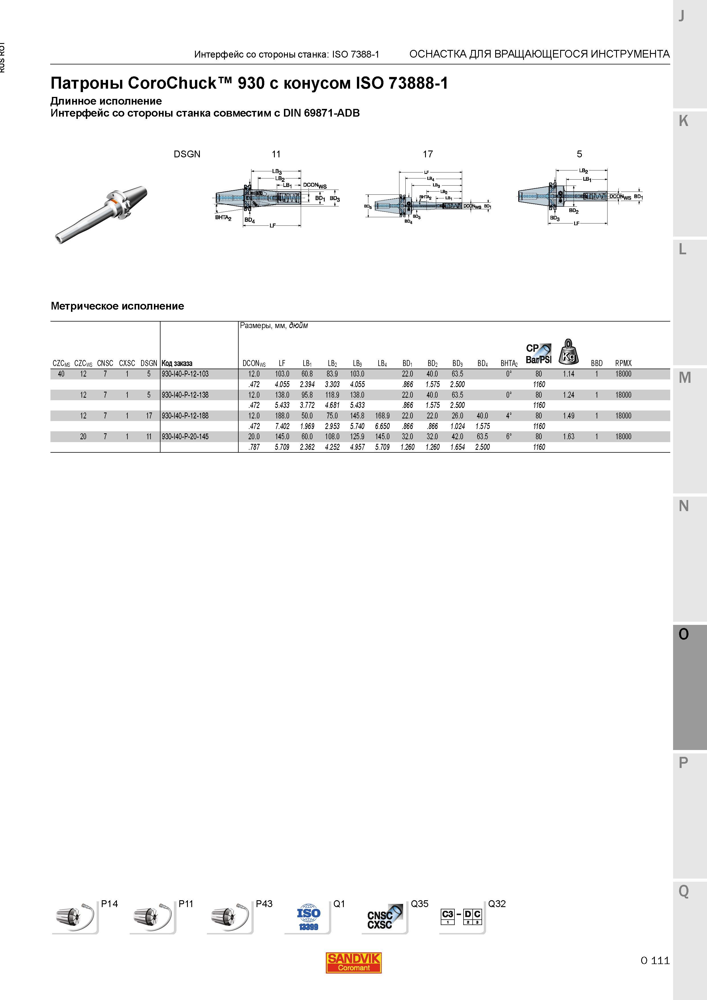 1355 Патроны Sandvik CoroChuck 930 с конусом ISO 73888-1 Длинное исполнение Интерфейс со стороны станка совместим с DIN 69871-ADB Метрическое исполн Каталог SANDVIK COROMANT 2015 Металлорежущие вращающиеся инструменты и станочная инструментальная оснастка Стр. O111