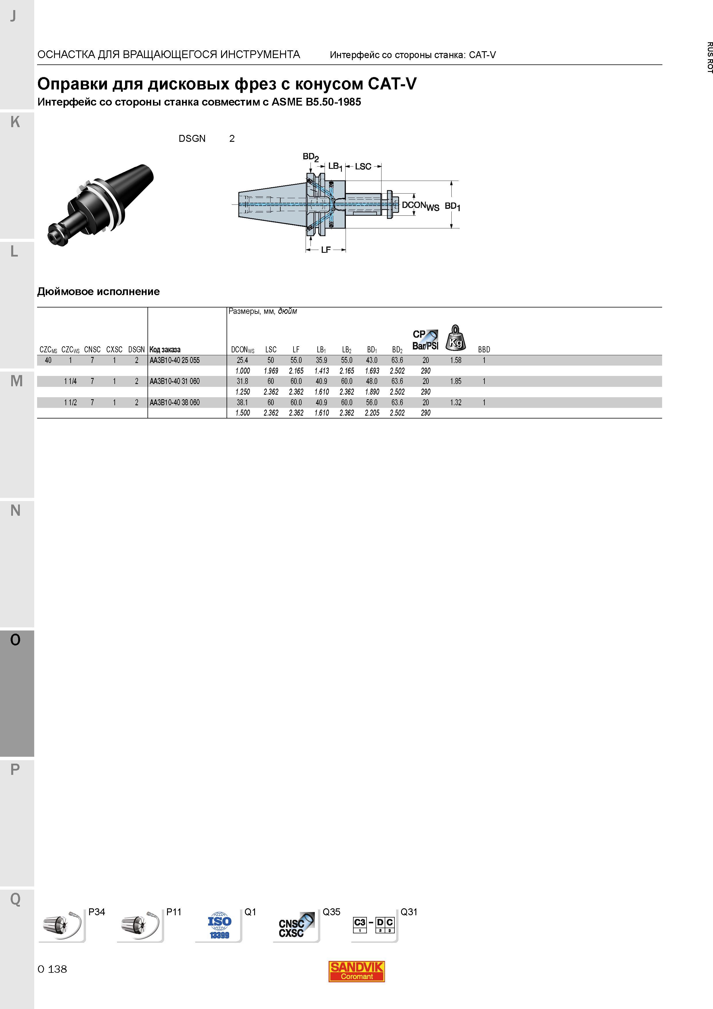 1382 Оправки Sandvik для дисковых фрез с конусом CAT-V Интерфейс со стороны станка совместим с ASME B5 50-1985 Дюймовое исполнение ОСНАСТКА ДЛЯ ВРАЩ Каталог SANDVIK COROMANT 2015 Металлорежущие вращающиеся инструменты и станочная инструментальная оснастка Стр. O138
