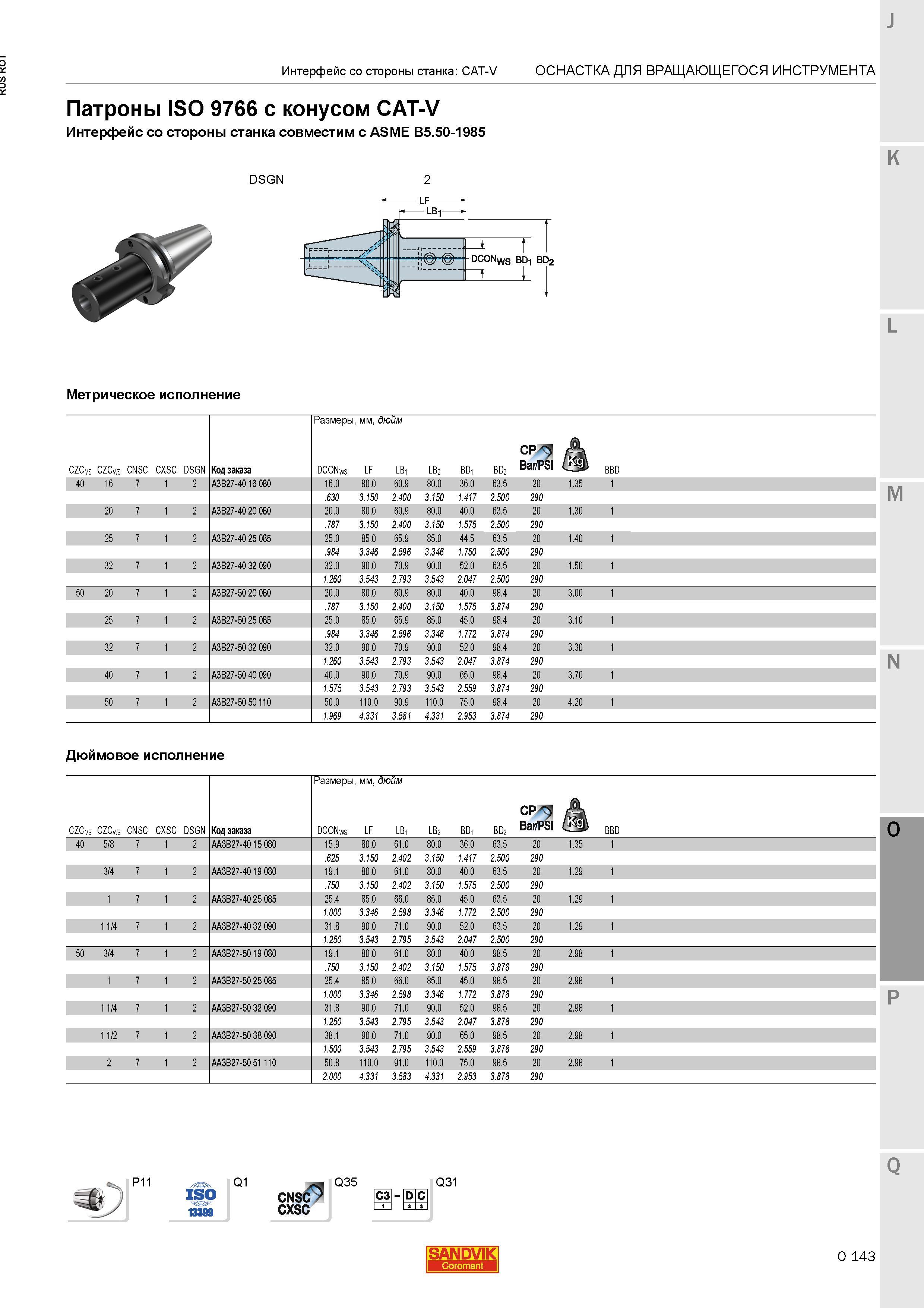 1387 Патроны Sandvik ISO 9766 с конусом CAT-V Интерфейс со стороны станка совместим с ASME B5 50-1985 Метрическое исполнение Размеры мм дюйм Интерфе Каталог SANDVIK COROMANT 2015 Металлорежущие вращающиеся инструменты и станочная инструментальная оснастка Стр. O143