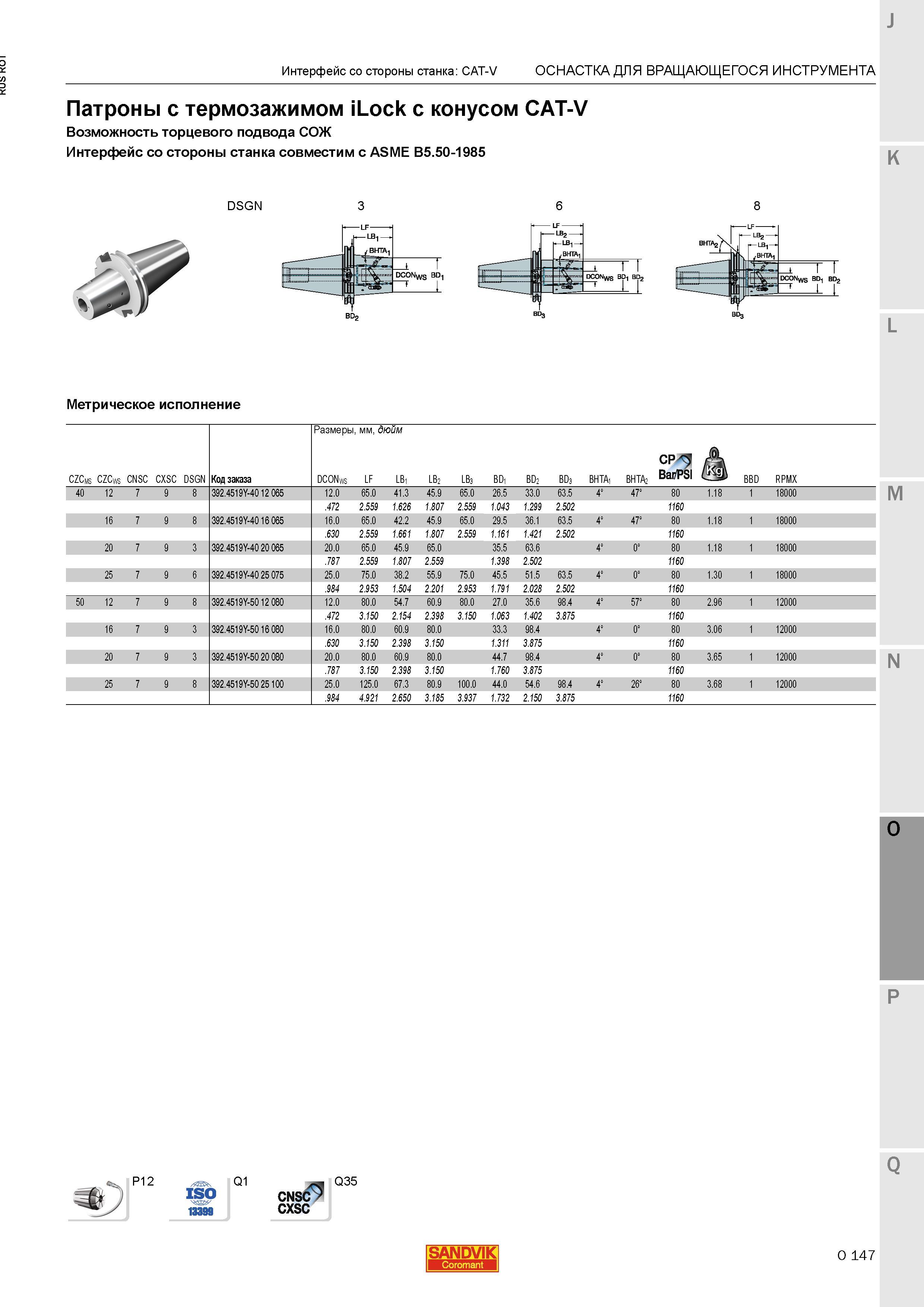 1391 Патроны Sandvik с термозажимом iLock с конусом CAT-V Возможность торцевого подвода СОЖ Интерфейс со стороны станка совместим с ASME B5 50-1985 Каталог SANDVIK COROMANT 2015 Металлорежущие вращающиеся инструменты и станочная инструментальная оснастка Стр. O147