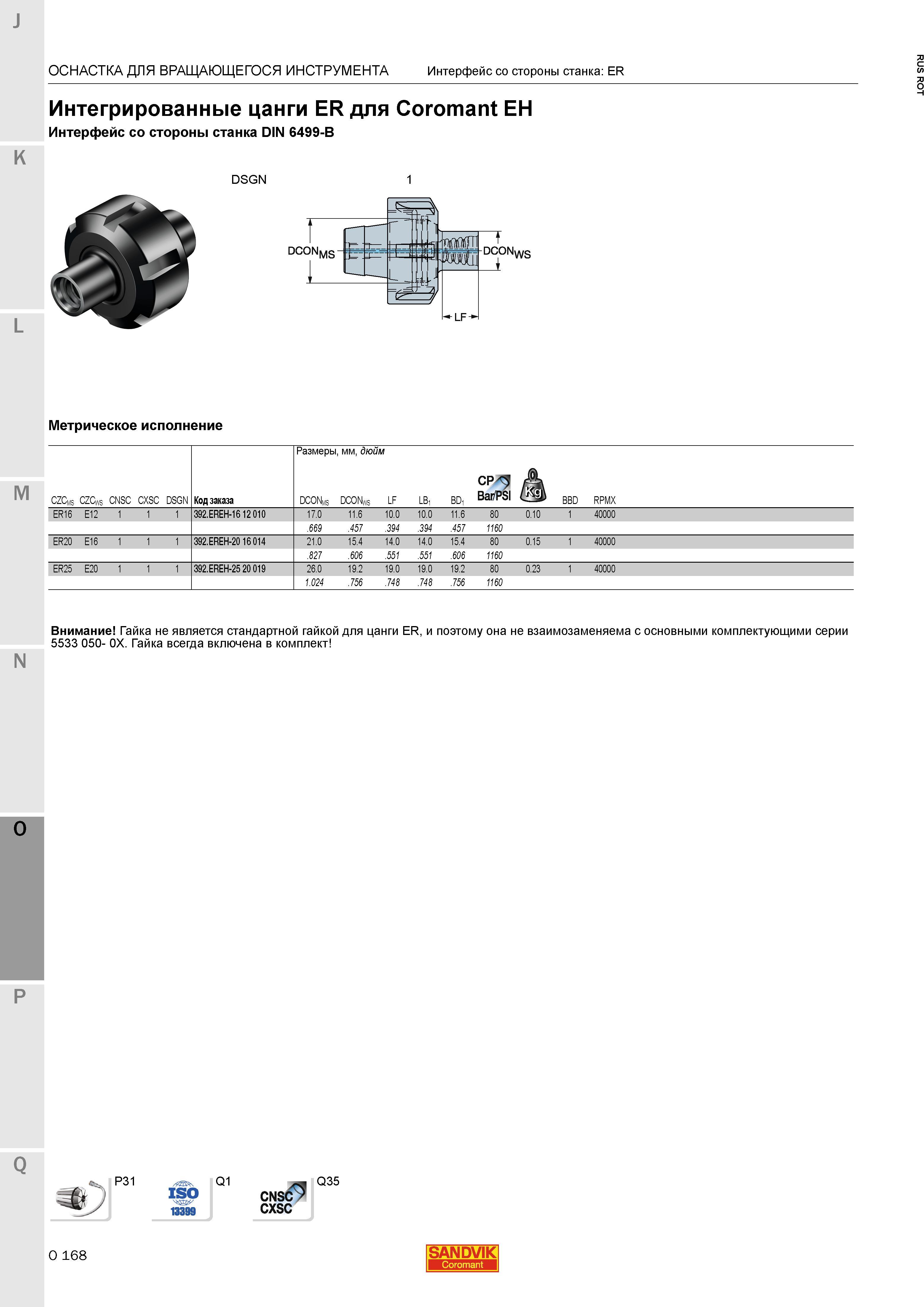 1412 Интегрированные цанги Sandvik ER для Coromant EH Интерфейс со стороны станка DIN 6499-B DSGN 1 Метрическое исполнение Размеры мм дюйм ОСНАСТКА Каталог SANDVIK COROMANT 2015 Металлорежущие вращающиеся инструменты и станочная инструментальная оснастка Стр. O168