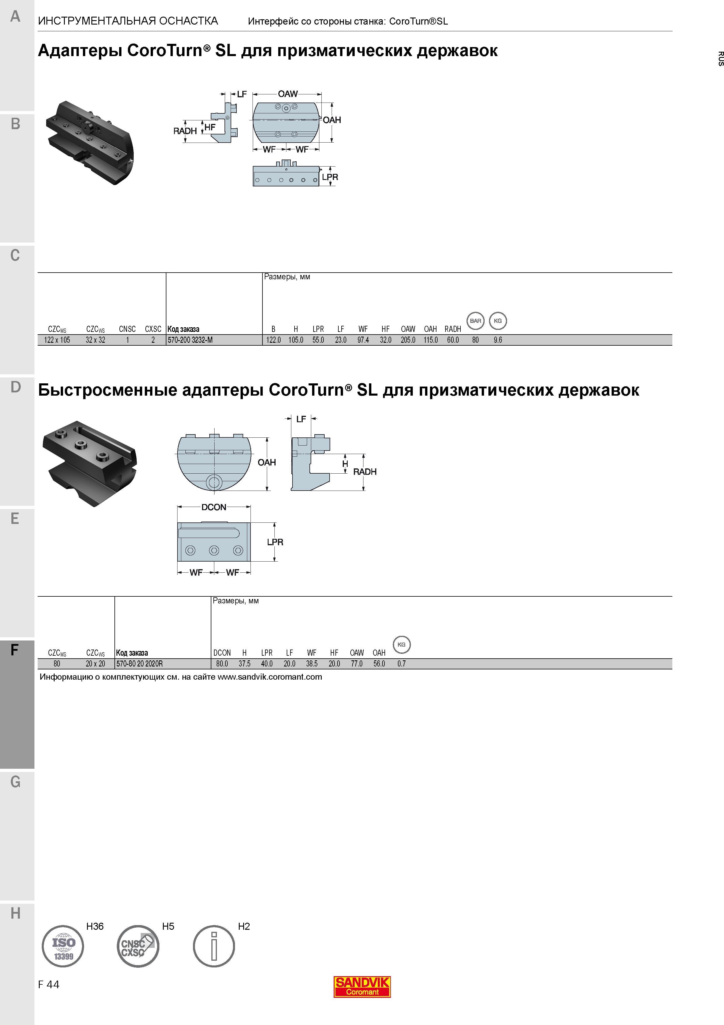 584 Адаптеры Sandvik Coromant CoroTurn SL для призматических державок C Размеры в мм CZCms CZCws cnsc cxsc Код заказа B H LPR LF WF HF OAW OAH RADH 1 Каталог SANDVIK COROMANT 2017 Резцы токарные с режущими сменными пластинами Инструментальная оснастка для металлорежущих станков Стр. F44