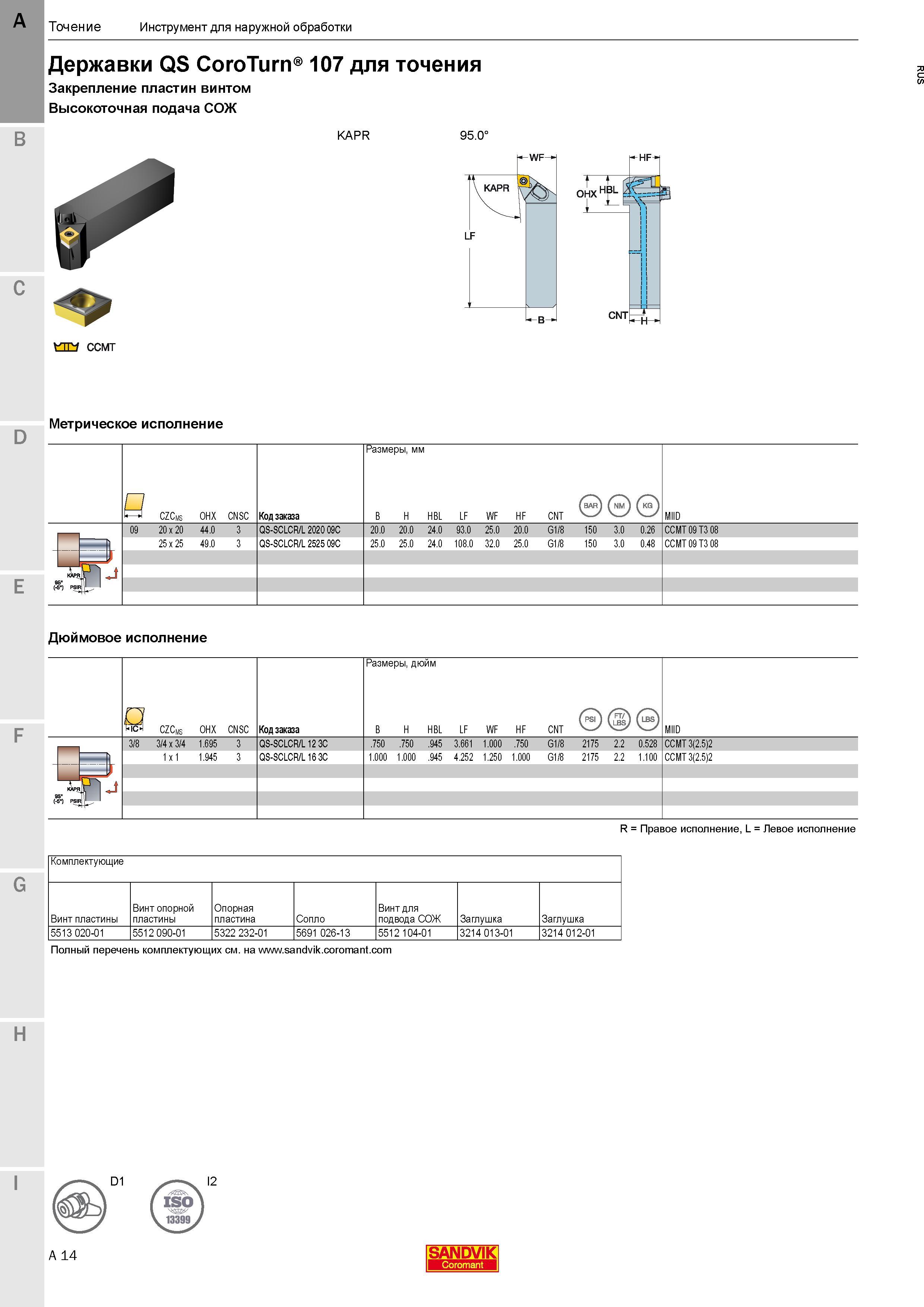 22 Державки Sandvik Coromant QS CoroTurn 107 для точения Закрепление пластин винтом Высокоточная подача СОЖ Каталог SANDVIK COROMANT 2018 Новый инструмент Режущие сменные твердосплавные пластины и СРП из сверхтвердых материалов Насадные и концевые фрезы Метчики 18.1 Стр. A14