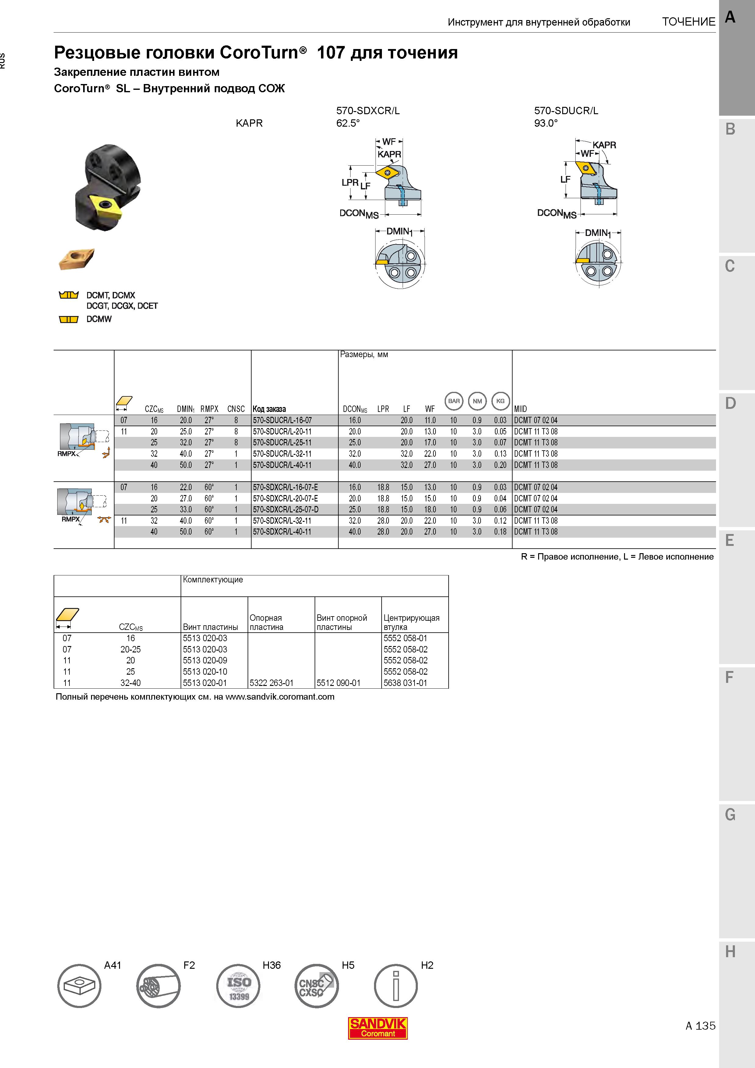 139  Каталог SANDVIK COROMANT 2020 Инструмент для токарной обработки металла на станках Пластины режущие Токарные резцы и державки Инструментальная оснастка Стр. A135