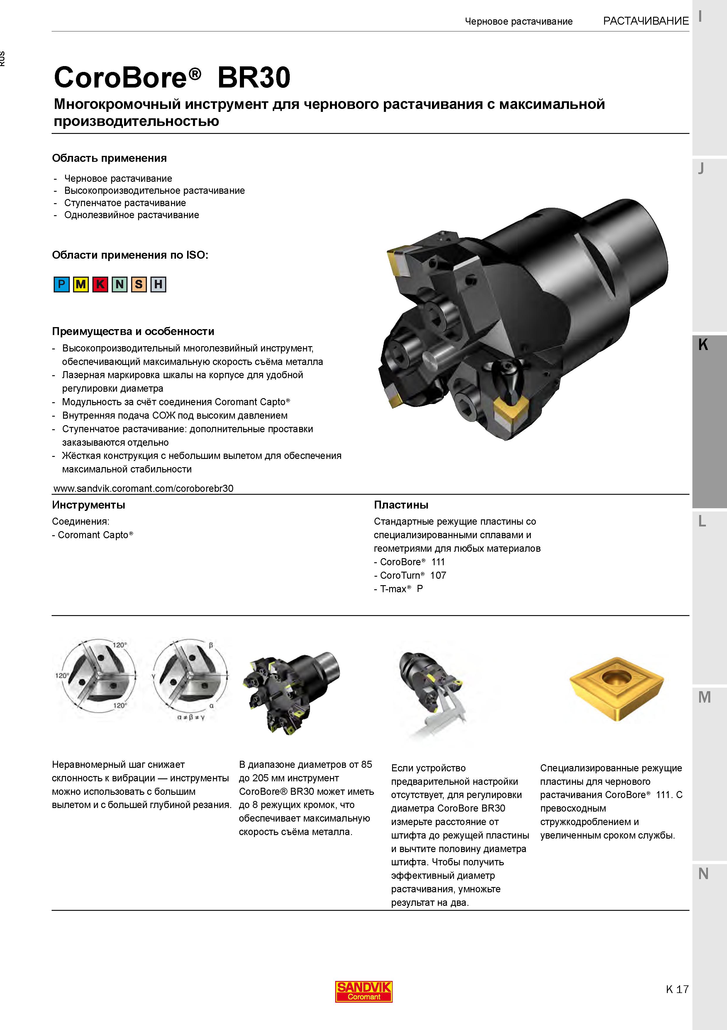 271 Многокромочный расточной инструмент CoroBore BR30 для чернового растачивания с максимальной производительностью Внутренняя подача СОЖ в зону резания Каталог SANDVIK COROMANT 2020 Фрезы и сверла с СМП Расточной инструмент Принадлежности и оснастка для станков Стр. K17
