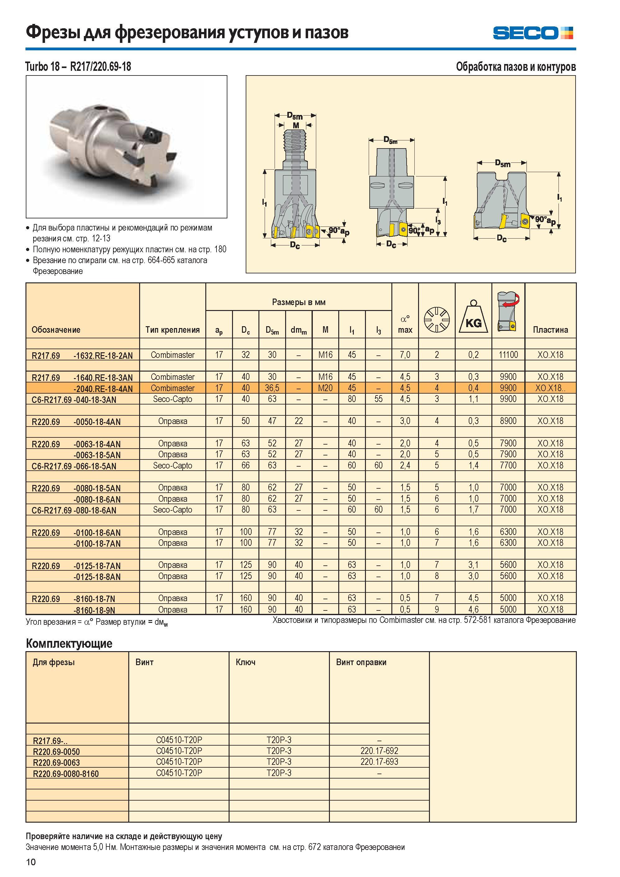 10 Фрезы для фрезерования уступов и пазов seco Turbo 18 R217/220 69-18 Для выбора пластины и рекомендаций по режимам резания см стр 12-13 Полную номенклатуру Каталог SECO 2015 Новый металлорежущий инструмент и инструментальная оснастка для станков и обрабатывающих комплексов Редакция 15-2 Стр. 10