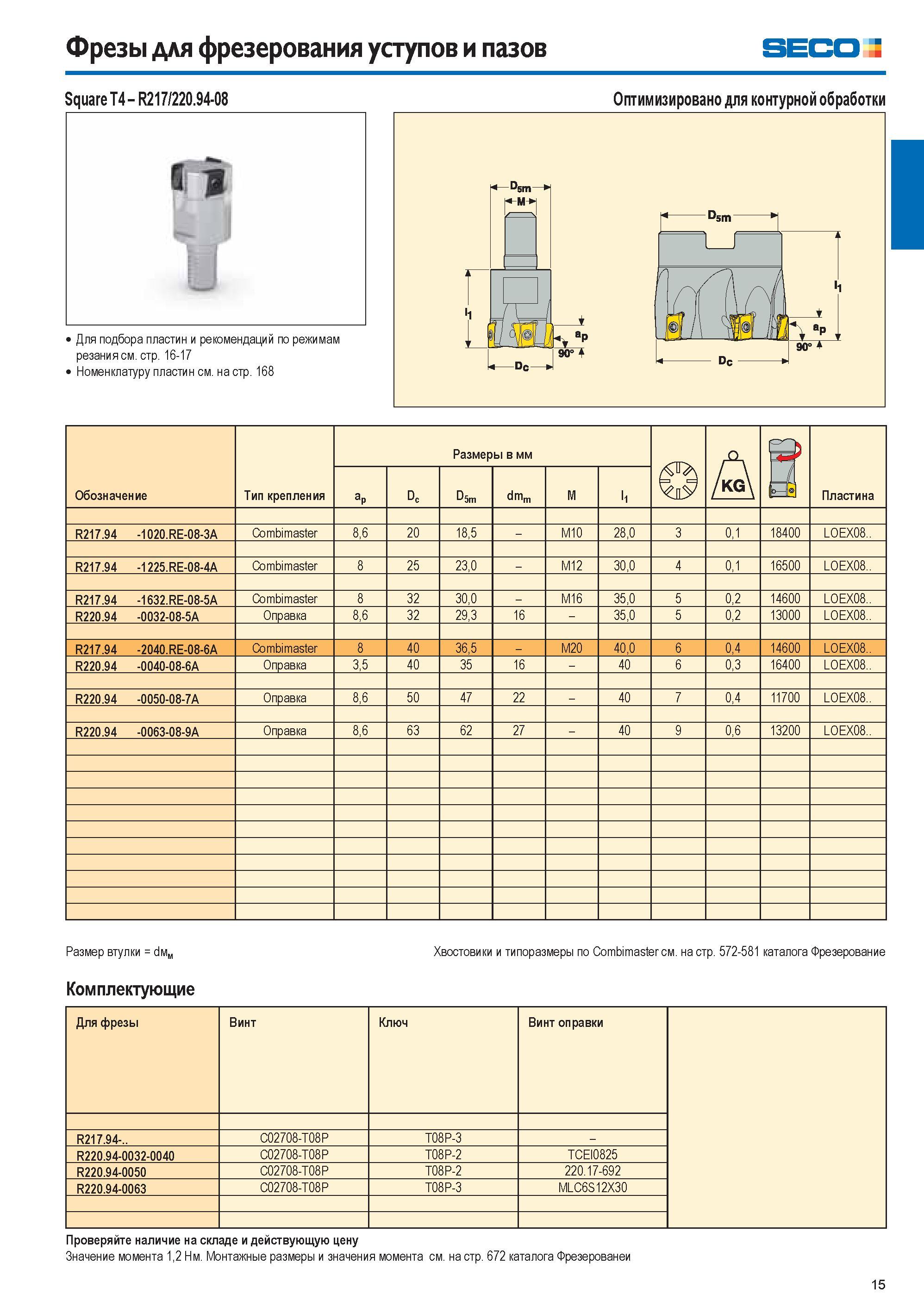 15 Фрезы для фрезерования уступов и пазов SECO Z Square T4 R217/220 94-08 Для подбора пластин и рекомендаций по режимам резания см стр 16-17 Номенклатуру плас Каталог SECO 2015 Новый металлорежущий инструмент и инструментальная оснастка для станков и обрабатывающих комплексов Редакция 15-2 Стр. 15