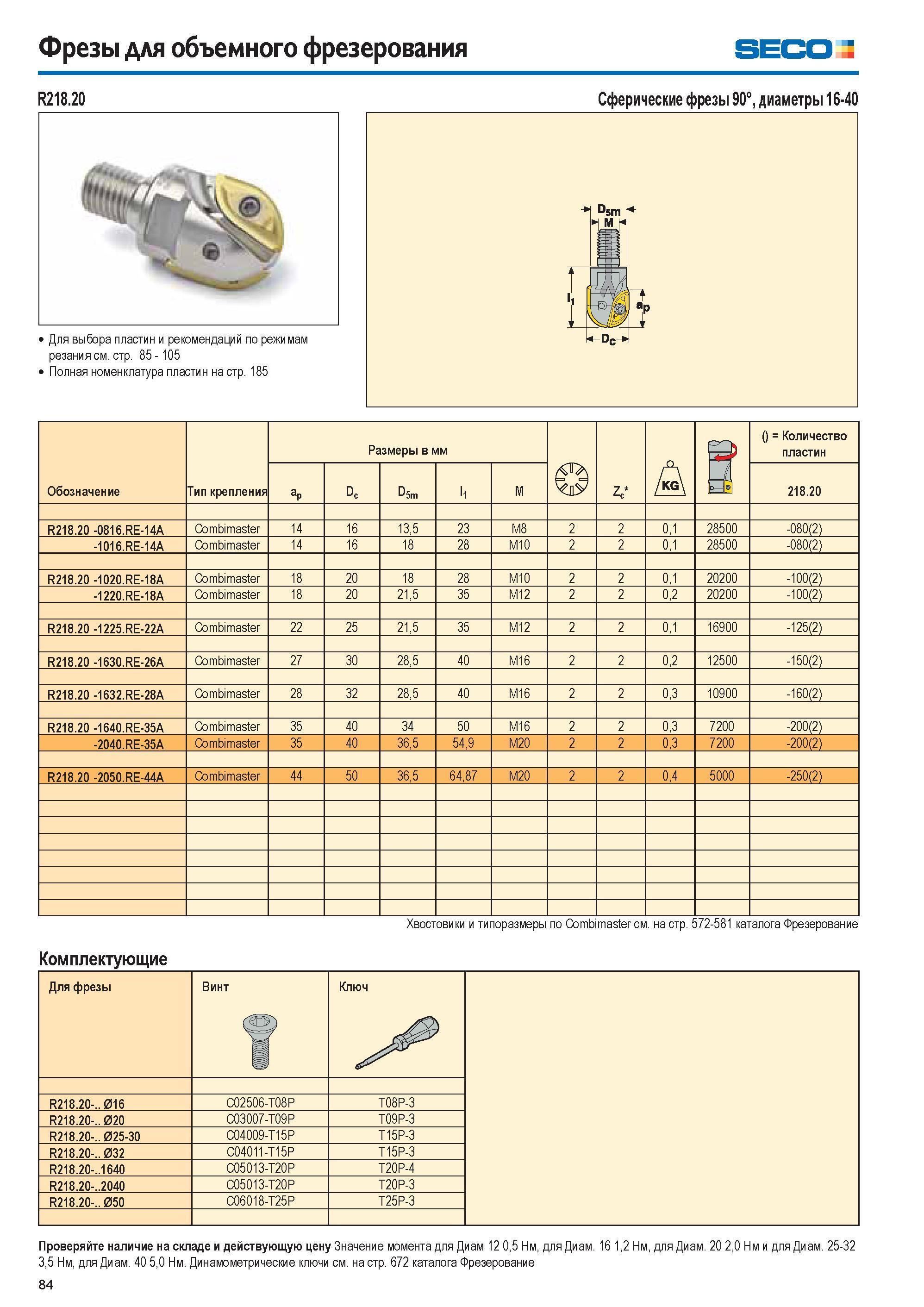 84 Фрезы для объемного фрезерования seco R218 20 Для выбора пластин и рекомендаций по режимам резания см стр 85 105 Полная номенклатура пластин на стр 185 Сфе Каталог SECO 2015 Новый металлорежущий инструмент и инструментальная оснастка для станков и обрабатывающих комплексов Редакция 15-2 Стр. 84