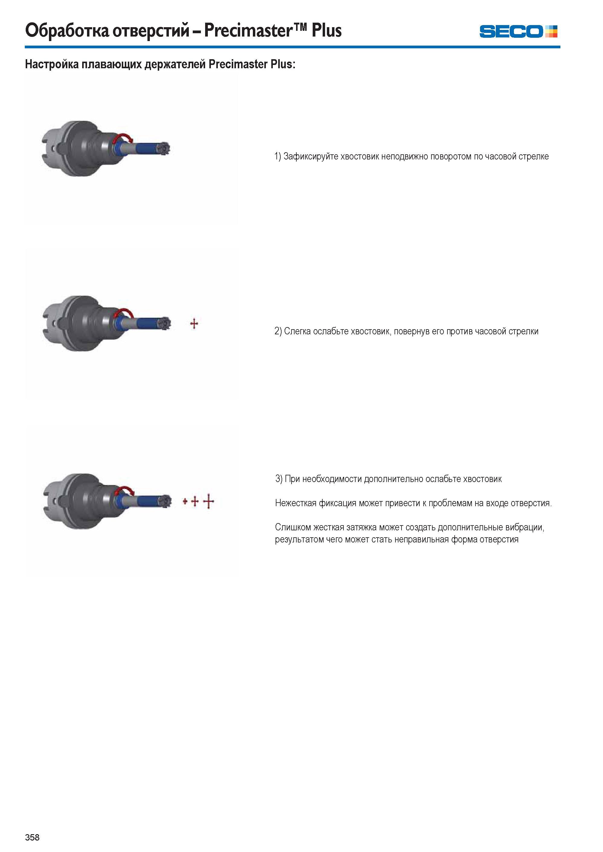 358 Обработка отверстий Precimaster Plus SECO 3 Настройка плавающих держателей Precimaster Plus 1) Зафиксируйте хвостовик неподвижно поворотом по часовой стрел Каталог SECO 2015 Новый металлорежущий инструмент и инструментальная оснастка для станков и обрабатывающих комплексов Редакция 15-2 Стр. 358