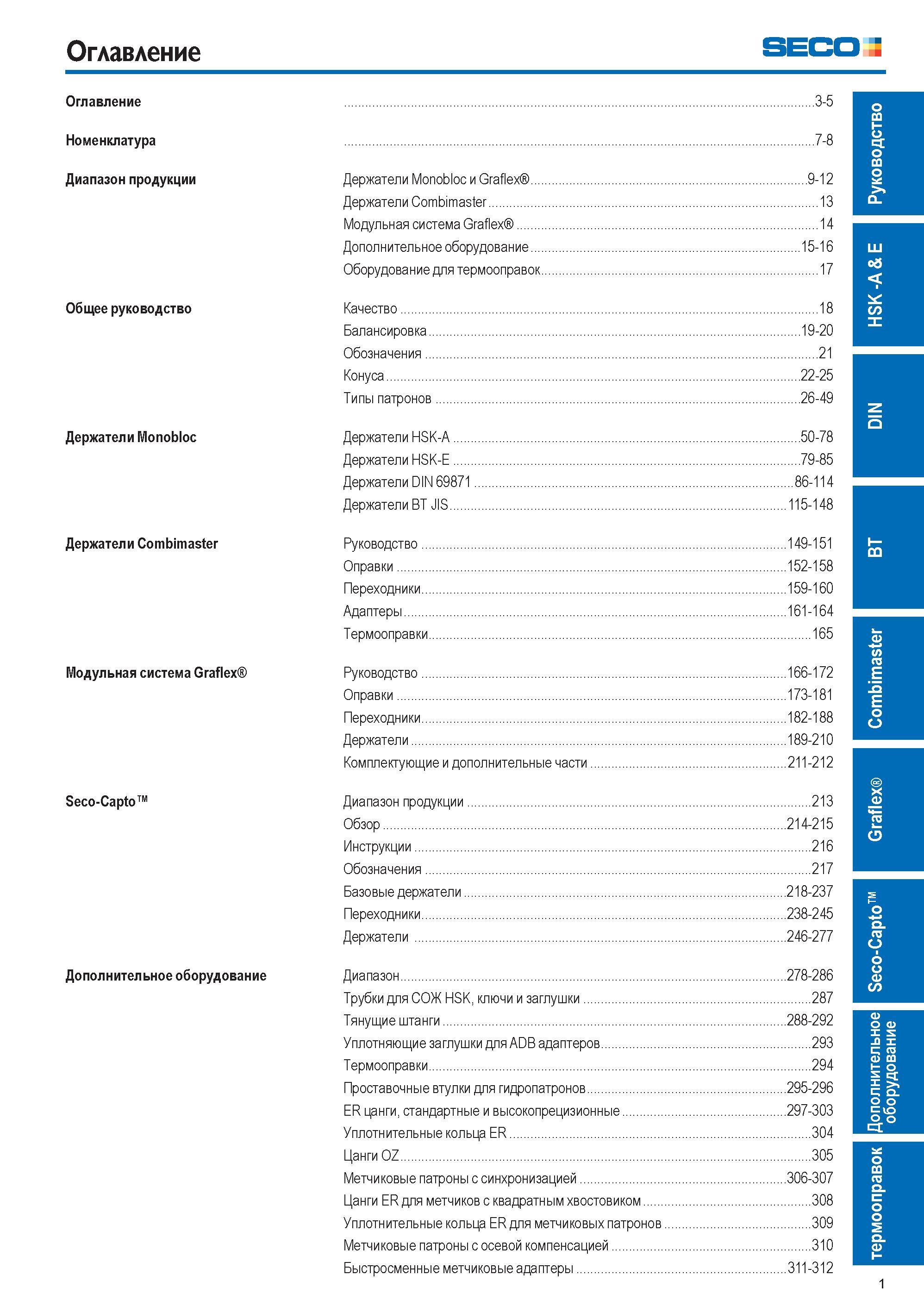 1 ﻿Оглавление каталога вспомогательного станочного инструмента SECO 2015 Номенклатура Диапазон инструментальной продукции Держатели Monobloc и Graf Каталог SECO 2015 Вспомогательный инструмент для металлообрабатывающих станков Инструментальная оснастка Патроны Оправки Базовые держатели Адаптеры Стр. 1