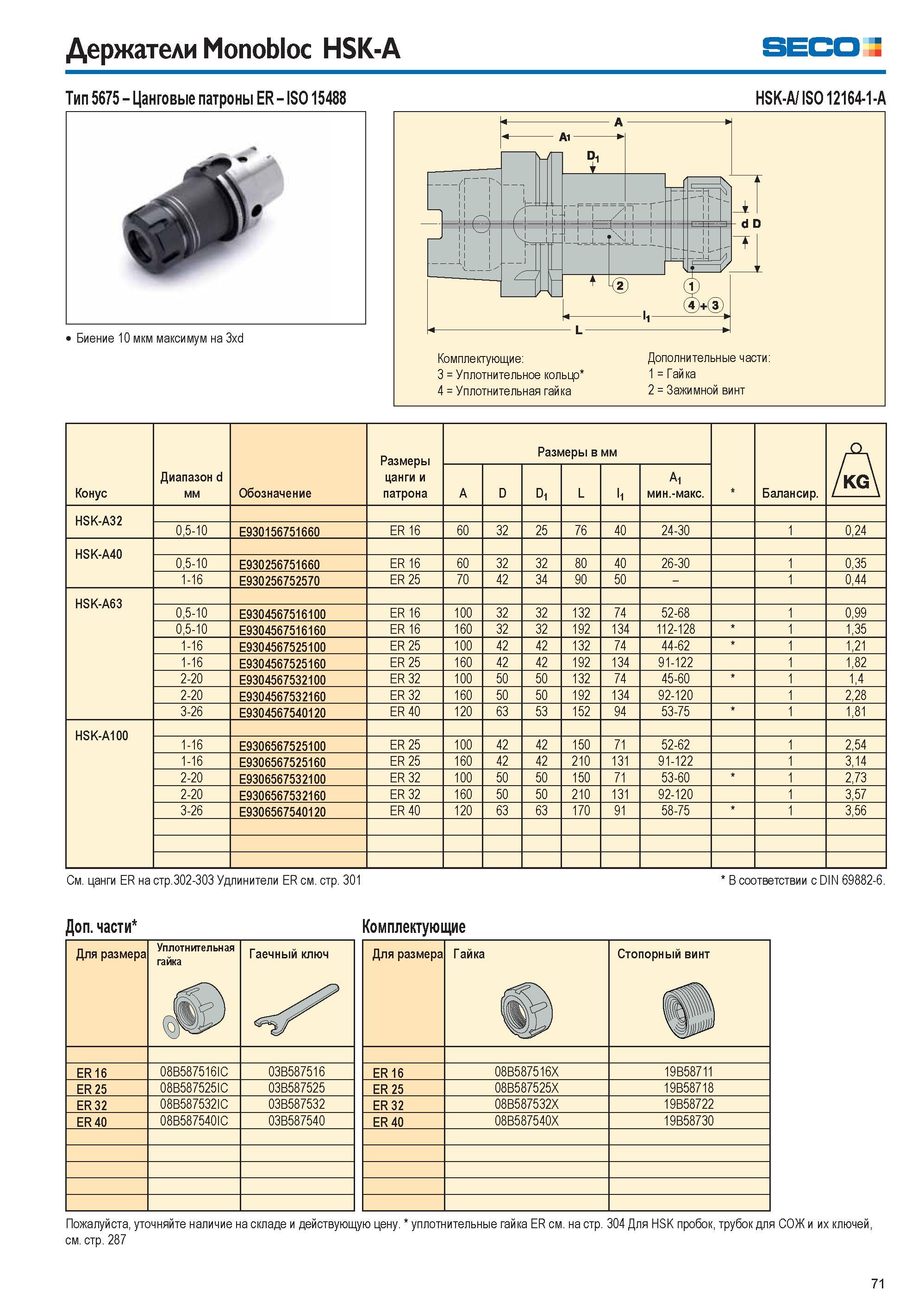 71 Держатели Monobloc HSK-A Seco Тип 5675 Цанговые патроны ER- IS015488 Биение 10 мкм максимум на 3xd HSK-A/ ISO 12164-1-A См цанги ER на стр 302-30 Каталог SECO 2015 Вспомогательный инструмент для металлообрабатывающих станков Инструментальная оснастка Патроны Оправки Базовые держатели Адаптеры Стр. 71