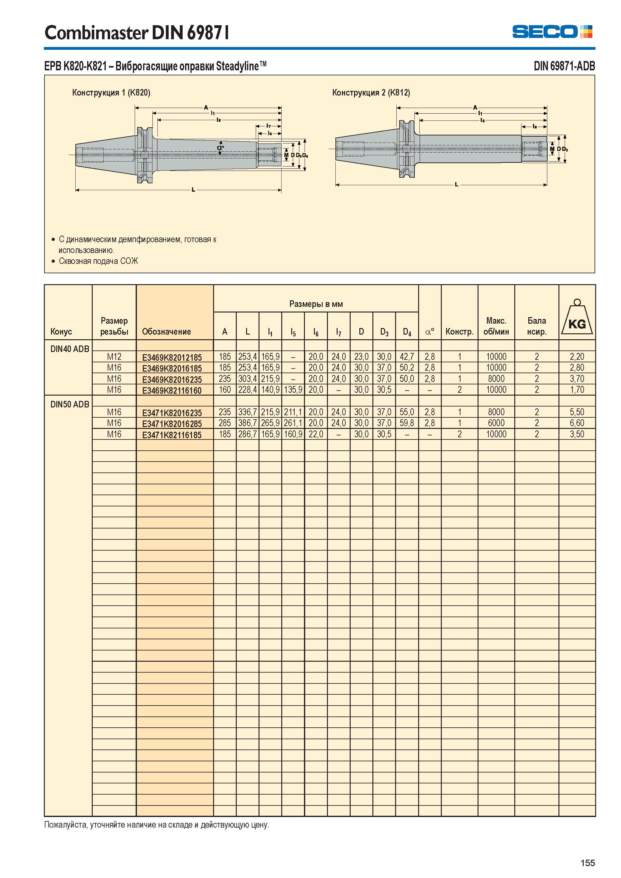 155 Combimaster DIN 69871 Seco EPB K820-K821 Виброгасящие оправки Steadyline Конструкция 1 (K820) А -Ц N 1( U 17 Гь- Г-Ц-” _1С1 У -г Tftl М D DjD4 L Каталог SECO 2015 Вспомогательный инструмент для металлообрабатывающих станков Инструментальная оснастка Патроны Оправки Базовые держатели Адаптеры Стр. 155