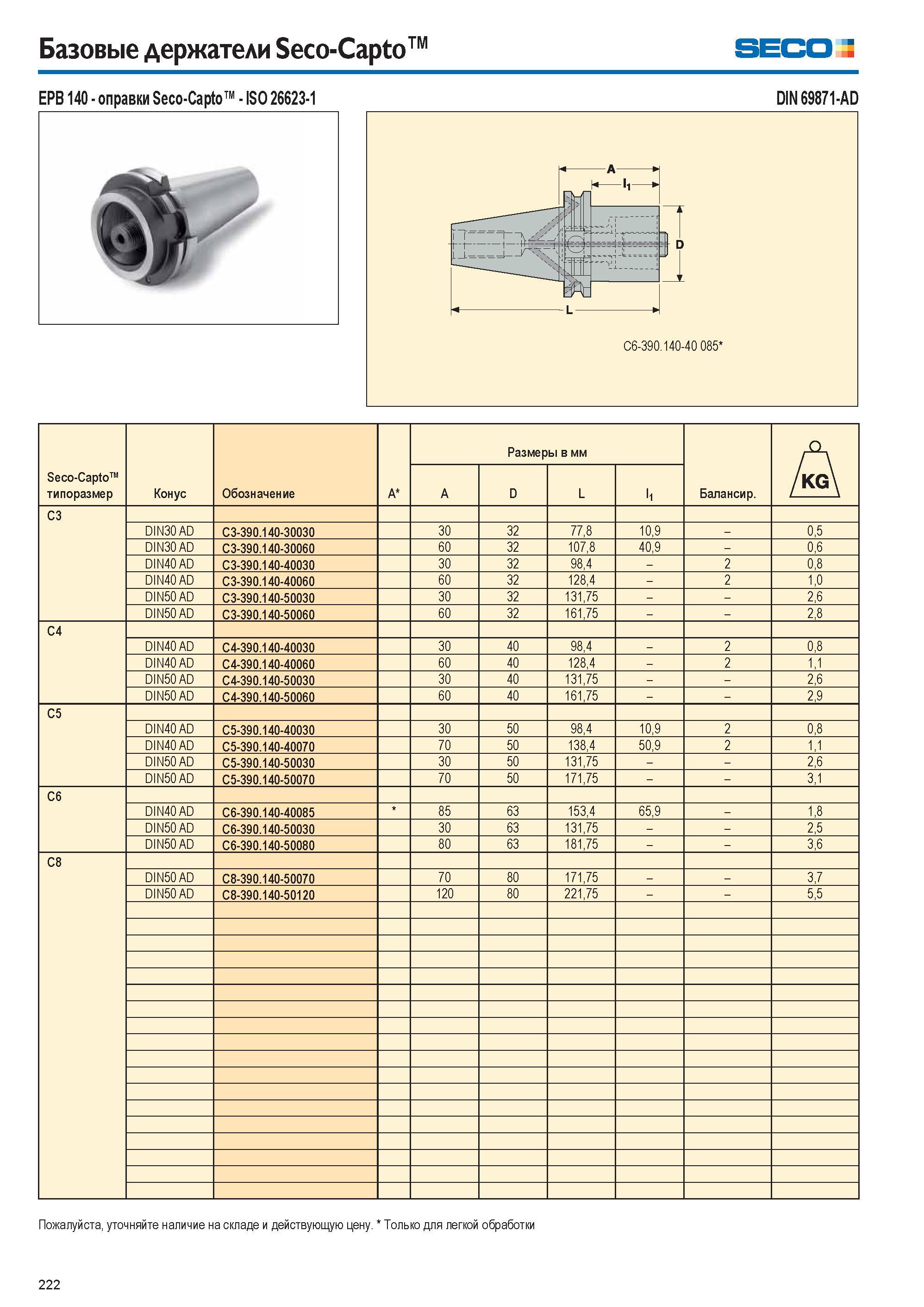 222 Базовые держатели Seco-Capto Seco EPB 140 оправки Seco-Capto ISO 26623-1 DIN 69871-AD C6-390 140-40 085 Seco-Capto типоразмер Конус Обозначение A Каталог SECO 2015 Вспомогательный инструмент для металлообрабатывающих станков Инструментальная оснастка Патроны Оправки Базовые держатели Адаптеры Стр. 222