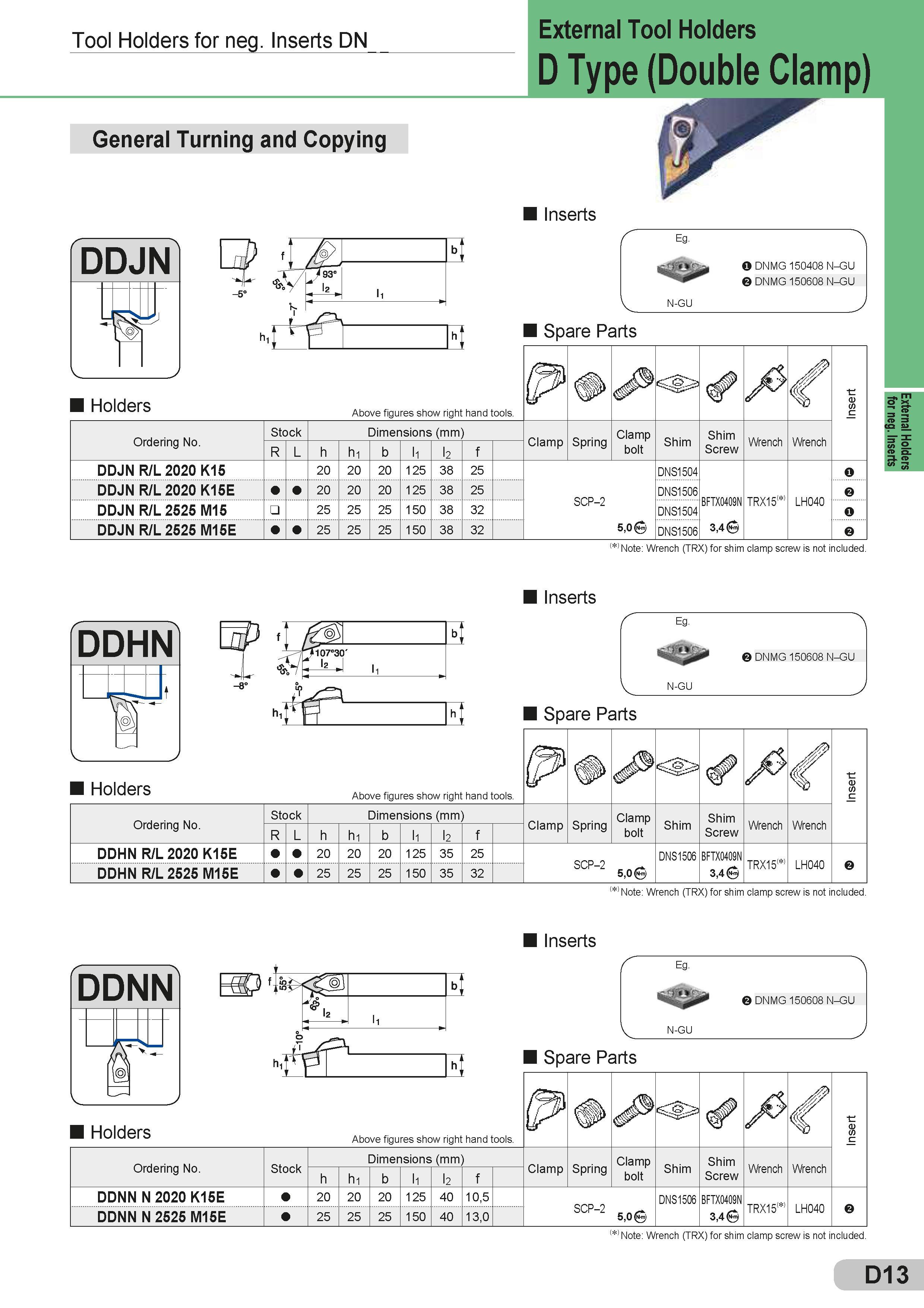 139 Tool Holders for neg Inserts DN General Turning and Copying External Tool Holders D Type (Double Clamp) Inserts O DNMG 150408 N-GU DNMG 150608 N-GU N- Каталог SUMITOMO 2018 Инструмент металлорежущий Пластины сменные твердосплавные и из сверхтвердых режущих материалов Сверла спиральные Фрезы сборные с СРП Резцы Стр. D13