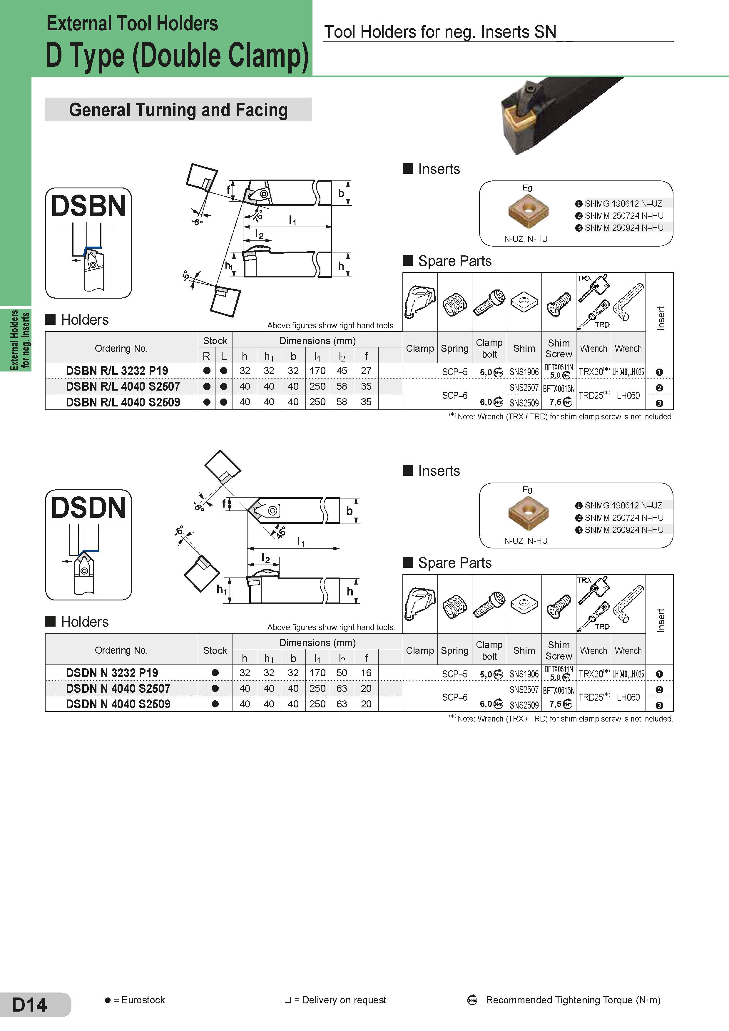 140 External Holders for neg Inserts External Tool Holders Tool Holders for neg Inserts SN D Type (Double Clat mp) General Turning and Facing DSBN L V a J Каталог SUMITOMO 2018 Инструмент металлорежущий Пластины сменные твердосплавные и из сверхтвердых режущих материалов Сверла спиральные Фрезы сборные с СРП Резцы Стр. D14