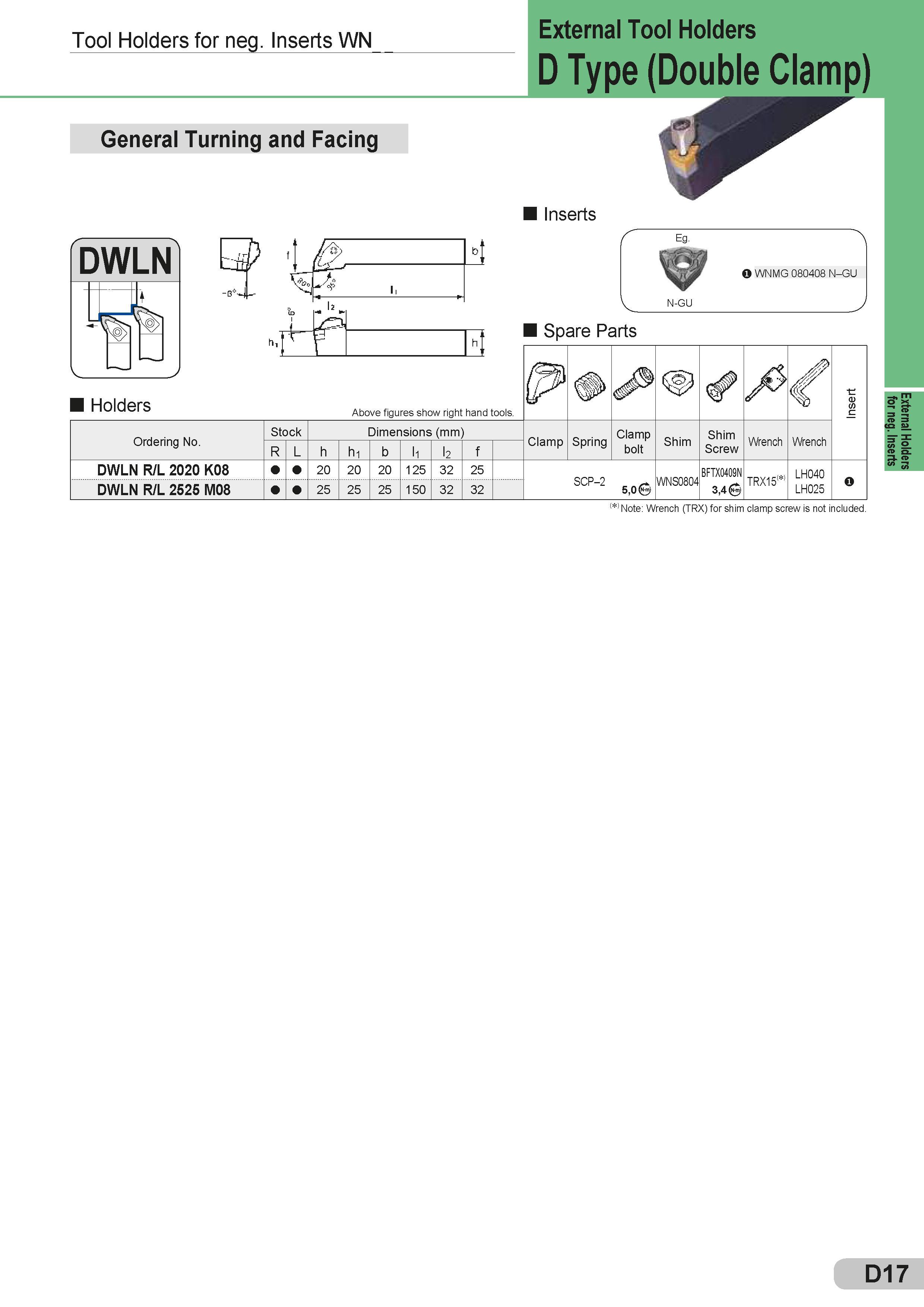 143 Tool Holders for neg Inserts WN General Turning and Facing Holders External Tool Holders D Type (Double Clamp) Inserts N-GU Spare Parts Запасные части Каталог SUMITOMO 2018 Инструмент металлорежущий Пластины сменные твердосплавные и из сверхтвердых режущих материалов Сверла спиральные Фрезы сборные с СРП Резцы Стр. D17