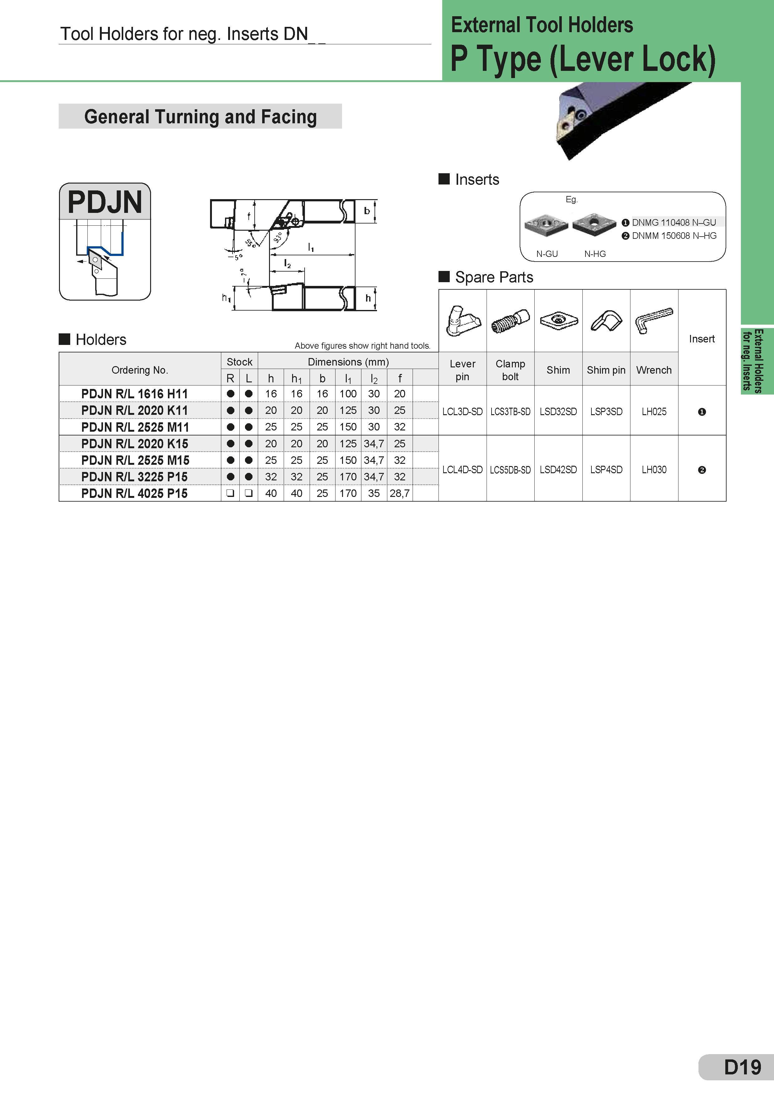 145 Tool Holders for neg Inserts DN General Turning and Facing Holders External Tool Holders P Type(Lever Lock) Inserts O DNMG 110408 N-GU DNMM 150608 N-H Каталог SUMITOMO 2018 Инструмент металлорежущий Пластины сменные твердосплавные и из сверхтвердых режущих материалов Сверла спиральные Фрезы сборные с СРП Резцы Стр. D19