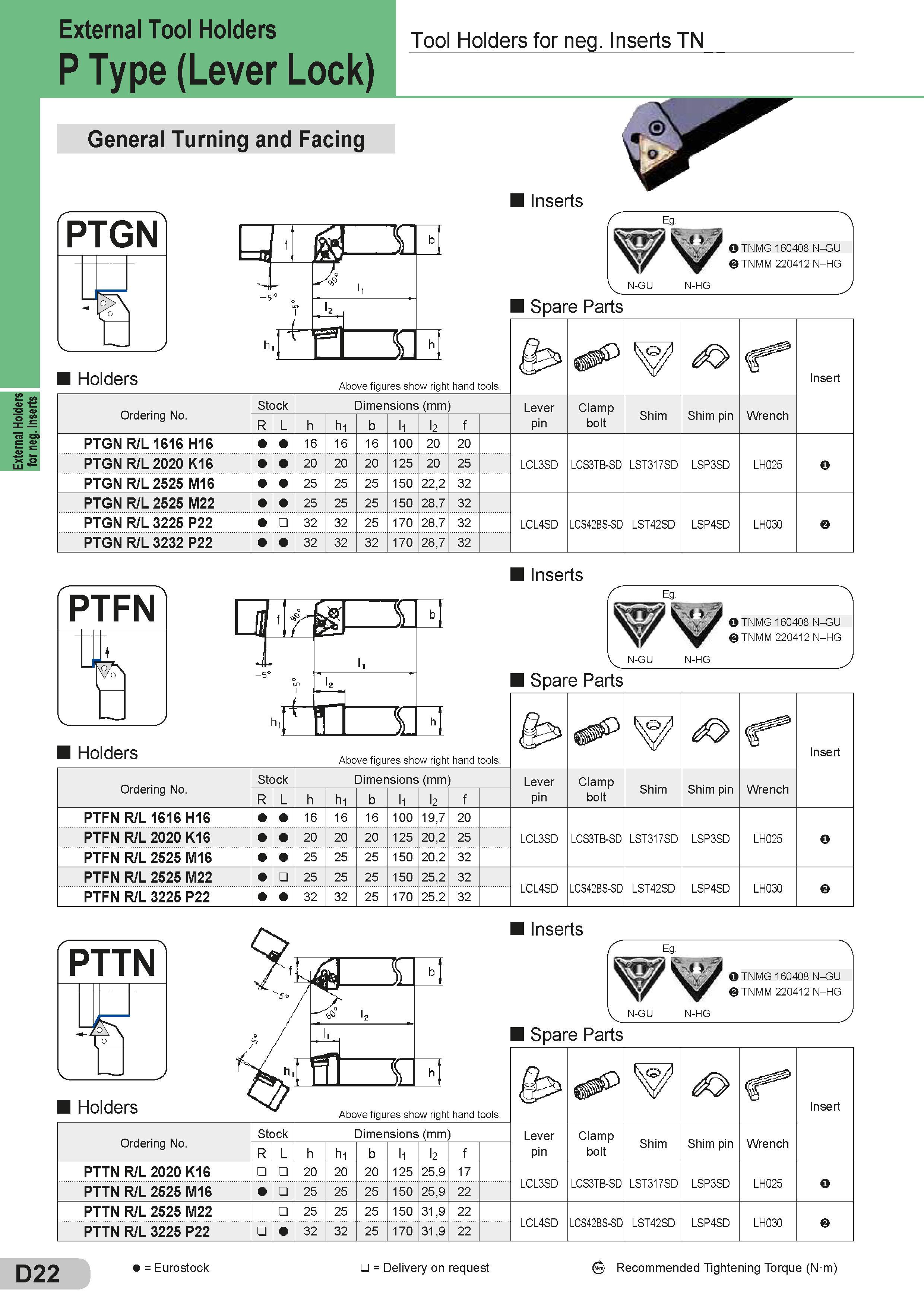 148 External Holders for neg Inserts External Tool Holders P Type (Lever Lock) General Turning and Facing Tool Holders for neg Inserts TN Holders Inserts Каталог SUMITOMO 2018 Инструмент металлорежущий Пластины сменные твердосплавные и из сверхтвердых режущих материалов Сверла спиральные Фрезы сборные с СРП Резцы Стр. D22
