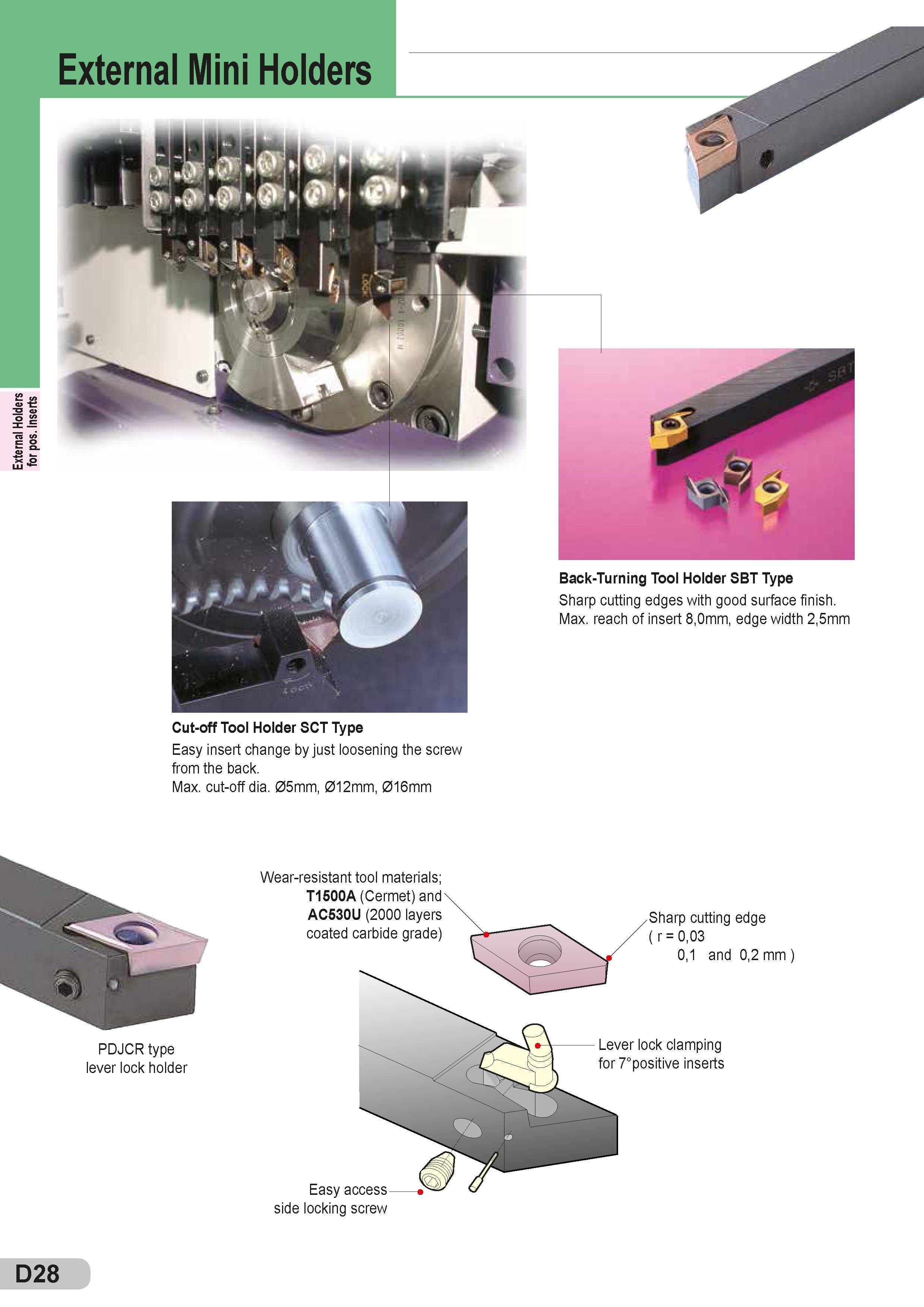 154 External Holders for pos Inserts Cut-off Tool Holder SCT Type Easy insert change by just loosening the screw from the back Max cut-off dia 05mm, 012mm Каталог SUMITOMO 2018 Инструмент металлорежущий Пластины сменные твердосплавные и из сверхтвердых режущих материалов Сверла спиральные Фрезы сборные с СРП Резцы Стр. D28