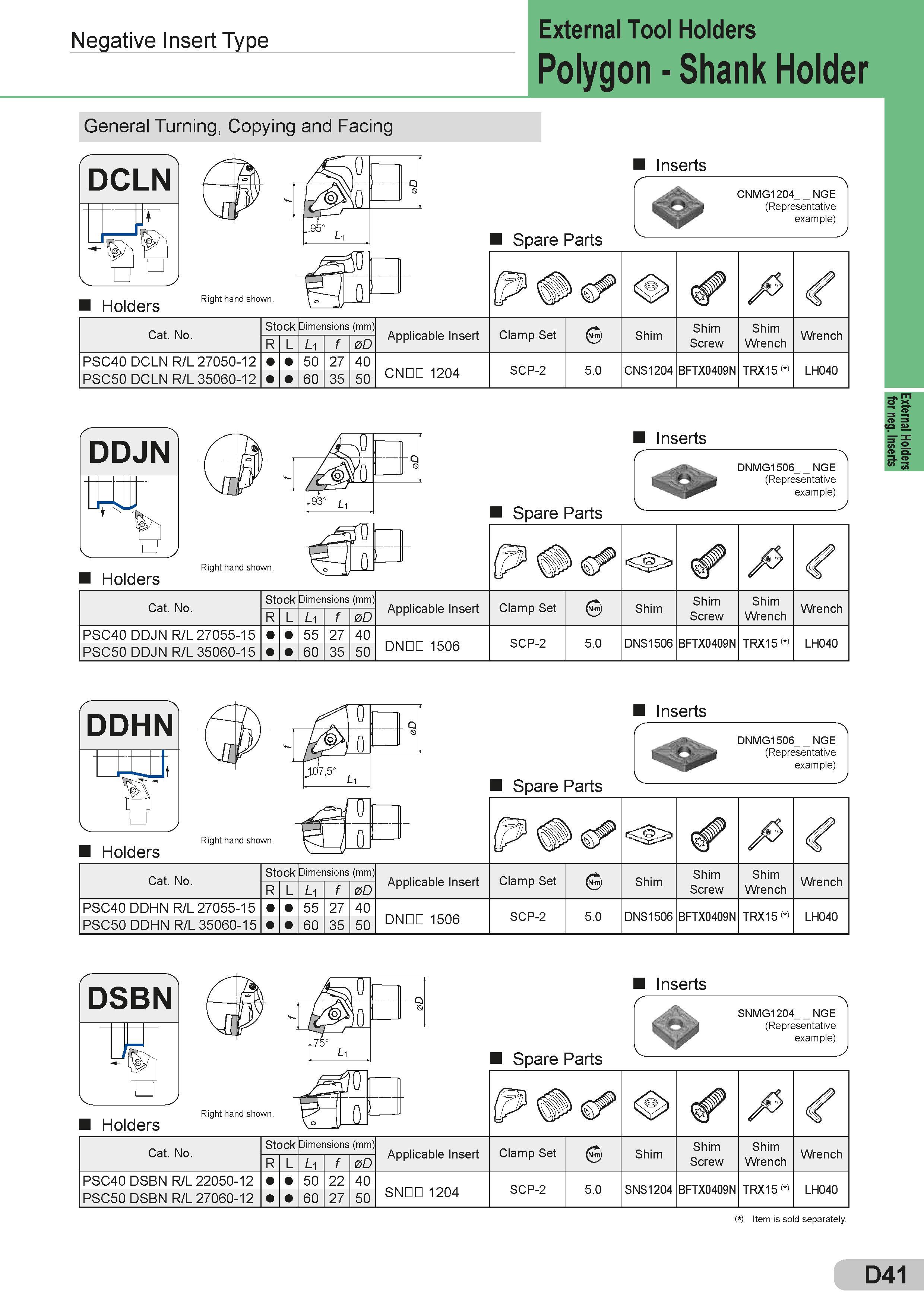 167 Negative Insert Type External Tool Holders Polygon - Shank Holder General Turning, Copying and Facing Holders Right hand shown Spare Parts Запасные ча Каталог SUMITOMO 2018 Инструмент металлорежущий Пластины сменные твердосплавные и из сверхтвердых режущих материалов Сверла спиральные Фрезы сборные с СРП Резцы Стр. D41