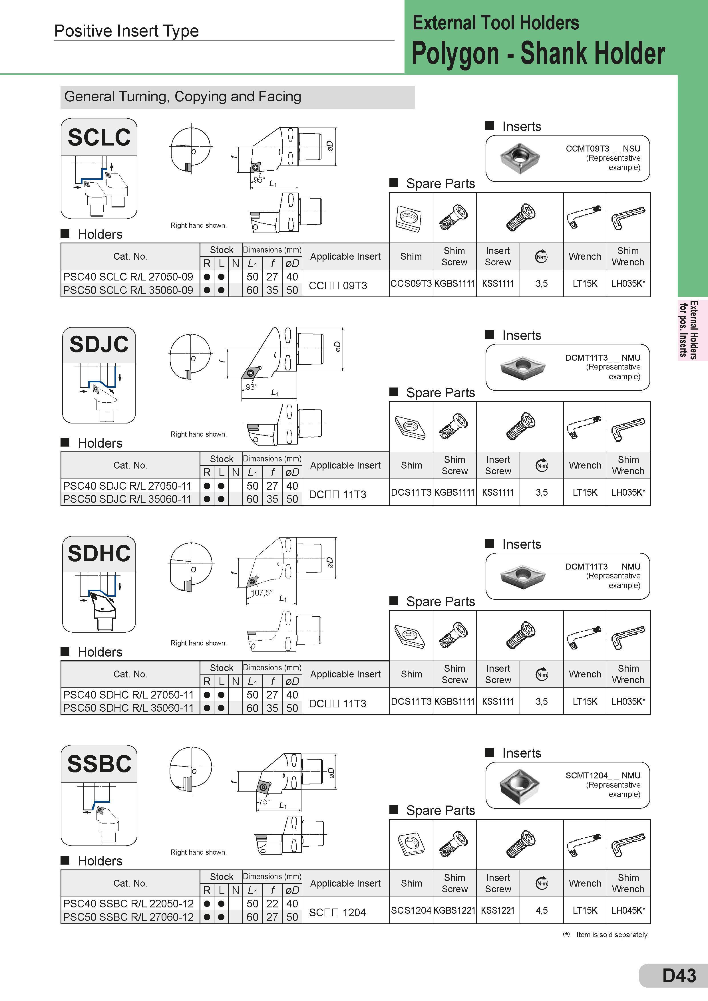 169 Positive Insert Type External Tool Holders Polygon - Shank Holder General Turning, Copying and Facing Holders U Q In Ll m Right hand shown ¥3ji Insert Каталог SUMITOMO 2018 Инструмент металлорежущий Пластины сменные твердосплавные и из сверхтвердых режущих материалов Сверла спиральные Фрезы сборные с СРП Резцы Стр. D43