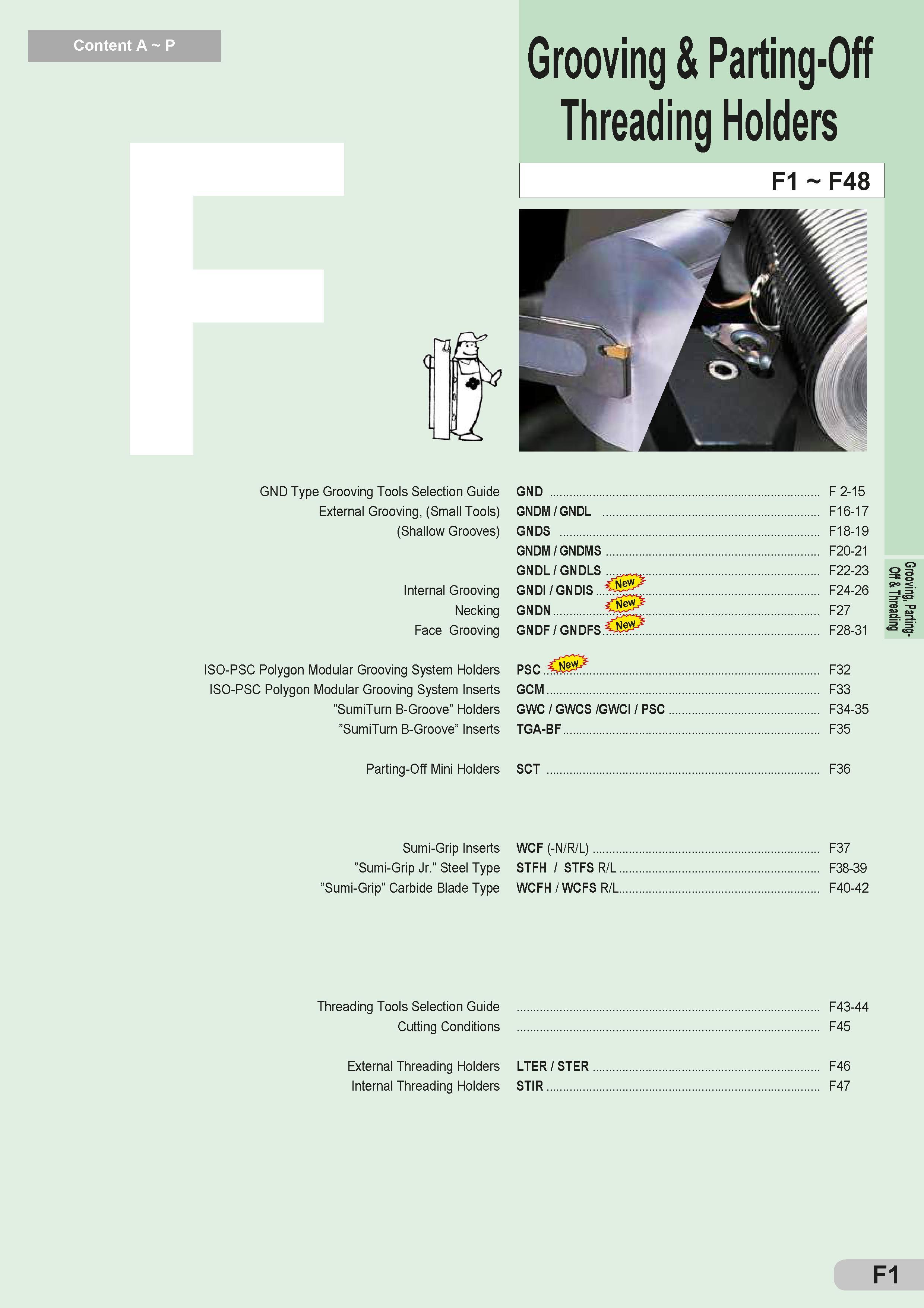 197 Content A P Grooving & Parting-Off Threading Holders F1 F48 GND Type Grooving Tools Selection Guide External Grooving, (Small Tools) GNDM / GNDL F16-1 Каталог SUMITOMO 2018 Инструмент металлорежущий Пластины сменные твердосплавные и из сверхтвердых режущих материалов Сверла спиральные Фрезы сборные с СРП Резцы Стр. F1