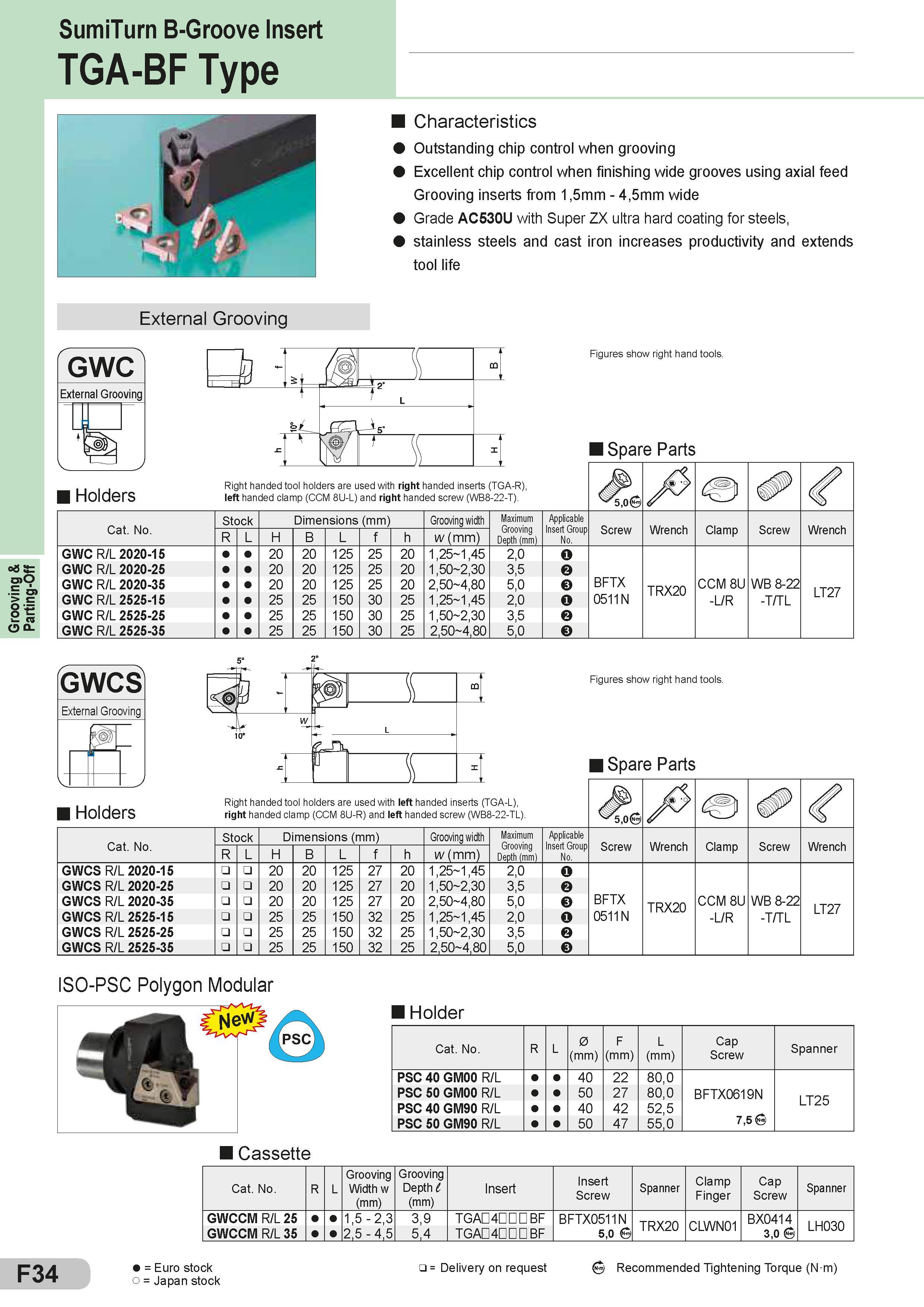 230 Grooving & Parting-Off SumiTurn B-Groove Insert TGA-BF Type Characteristics Outstanding chip control when grooving Excellent chip control when finishi Каталог SUMITOMO 2018 Инструмент металлорежущий Пластины сменные твердосплавные и из сверхтвердых режущих материалов Сверла спиральные Фрезы сборные с СРП Резцы Стр. F34