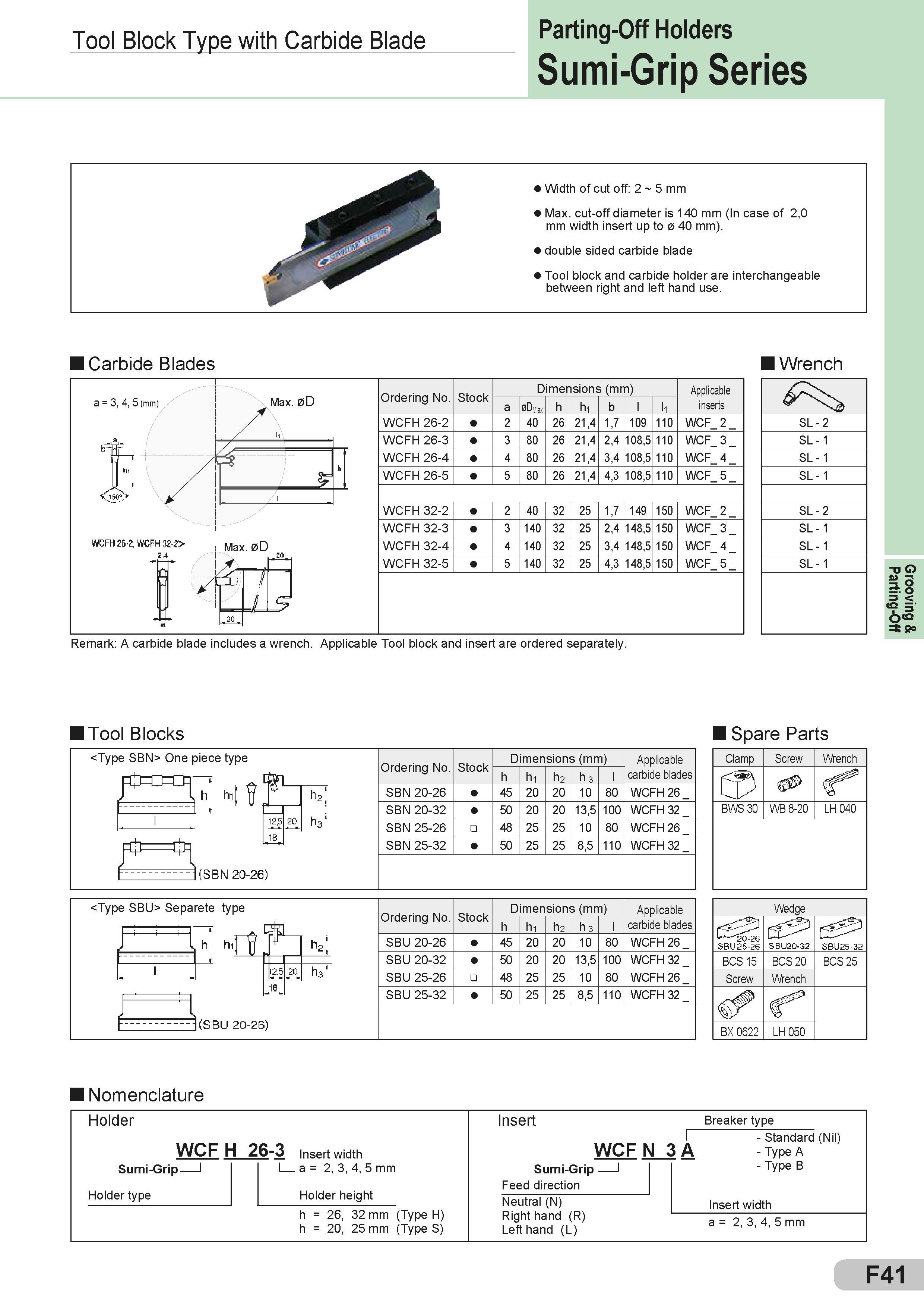 237 Tool Block Type with Carbide Blade parting-Off Hddere Sumi-Grip Series Width of cut off: 2 5 mm Max cut-off diameter is 140 mm (In case of 2,0 mm widt Каталог SUMITOMO 2018 Инструмент металлорежущий Пластины сменные твердосплавные и из сверхтвердых режущих материалов Сверла спиральные Фрезы сборные с СРП Резцы Стр. F41