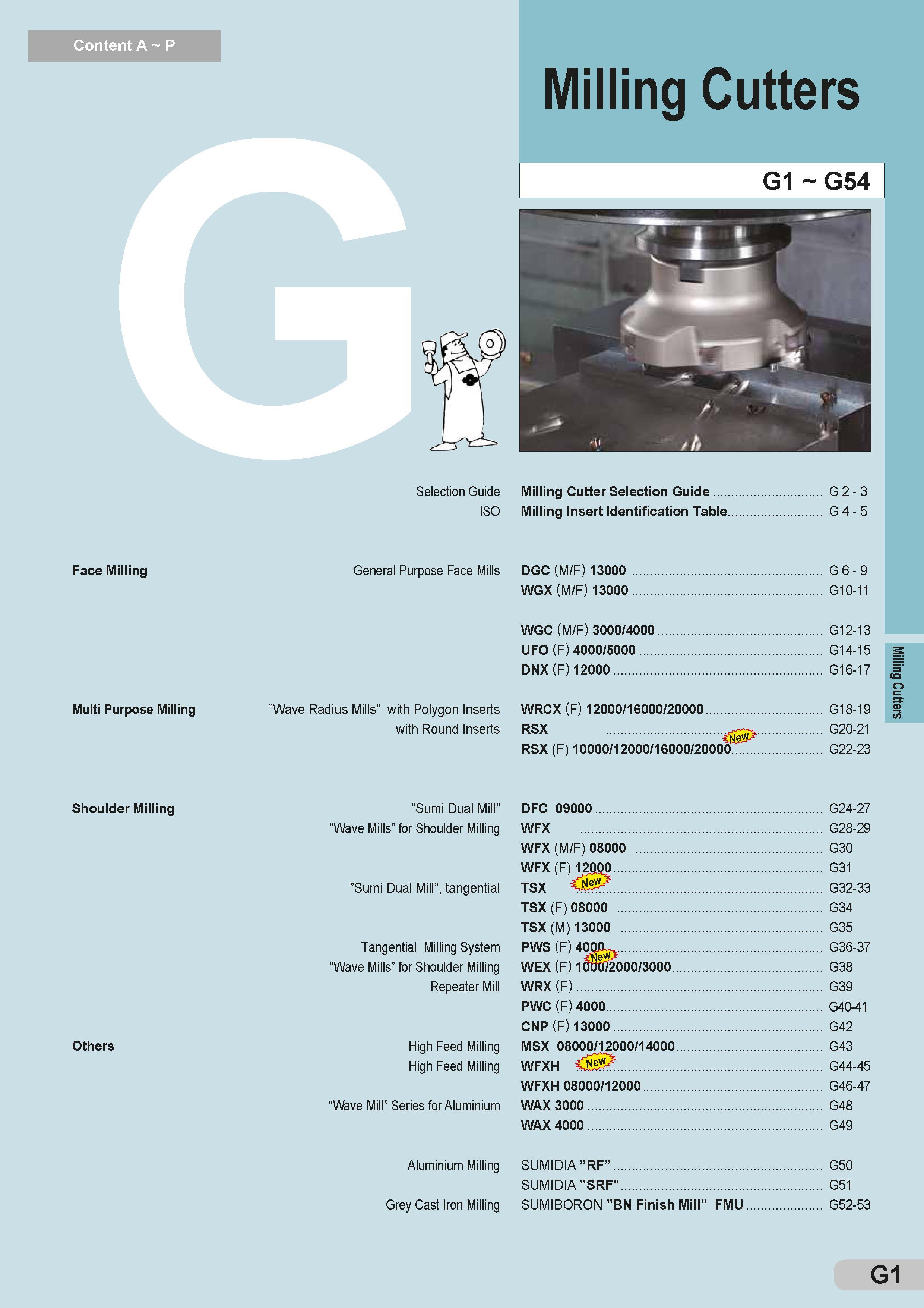 245 Content A P Face Milling Multi Purpose Milling Shoulder Milling Others ISO General Purpose Face Mills Milling Cutters G1 G54 Milling Cutter Selection Каталог SUMITOMO 2018 Инструмент металлорежущий Пластины сменные твердосплавные и из сверхтвердых режущих материалов Сверла спиральные Фрезы сборные с СРП Резцы Стр. G1