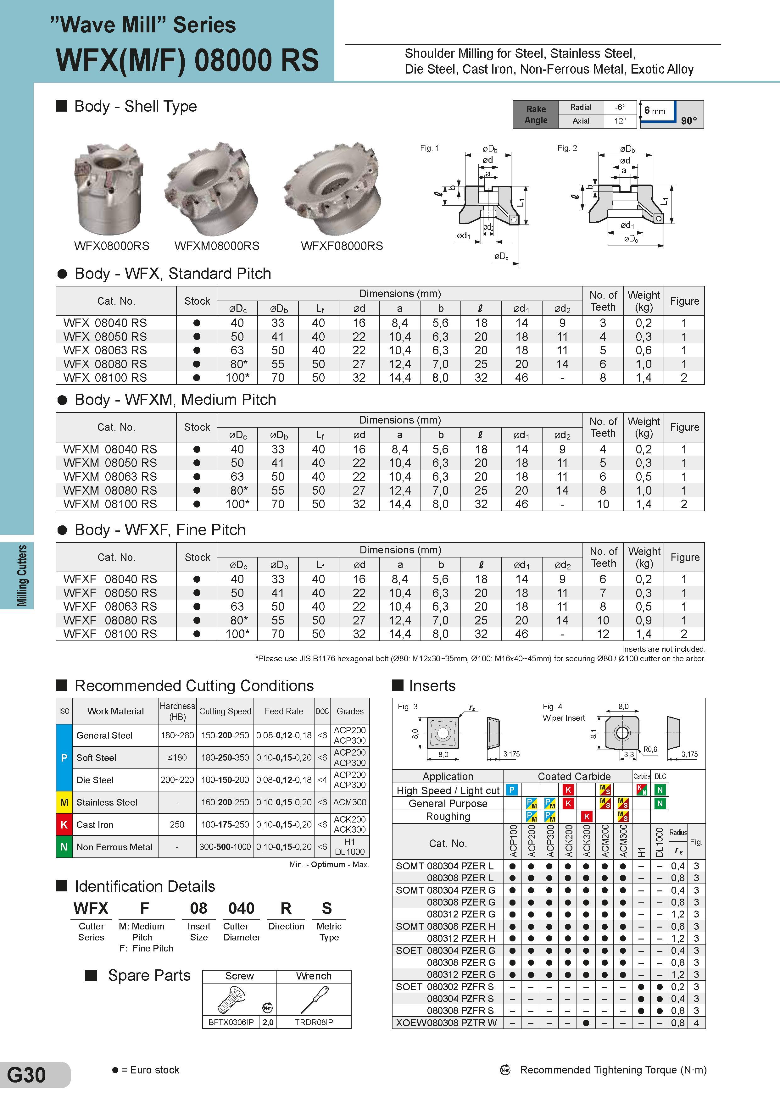 274 Milling Cutters Wave Mill” Series WFX(M/F) 08000 RS Body - Shell Type \ WFXF08000RS Shoulder Milling for Steel, Stainless Steel, Die Steel, Cast Iron, Каталог SUMITOMO 2018 Инструмент металлорежущий Пластины сменные твердосплавные и из сверхтвердых режущих материалов Сверла спиральные Фрезы сборные с СРП Резцы Стр. G30
