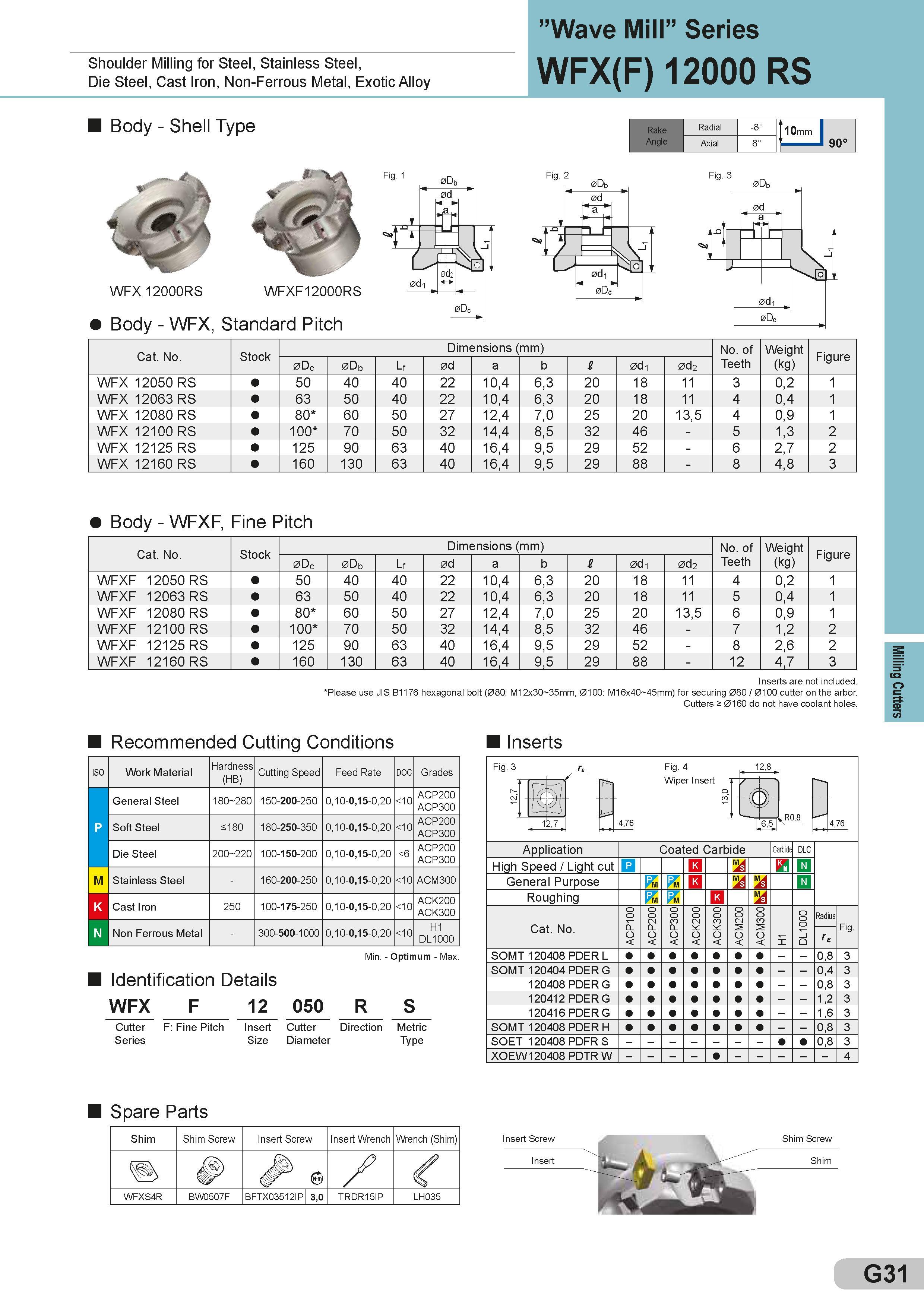 275 ”Wave Mill” Series Shoulder Milling for Steel, Stainless Steel, Die Steel, Cast Iron, Non-Ferrous Metal, Exotic Alloy WFX(F) 12000 RS Body - Shell Typ Каталог SUMITOMO 2018 Инструмент металлорежущий Пластины сменные твердосплавные и из сверхтвердых режущих материалов Сверла спиральные Фрезы сборные с СРП Резцы Стр. G31