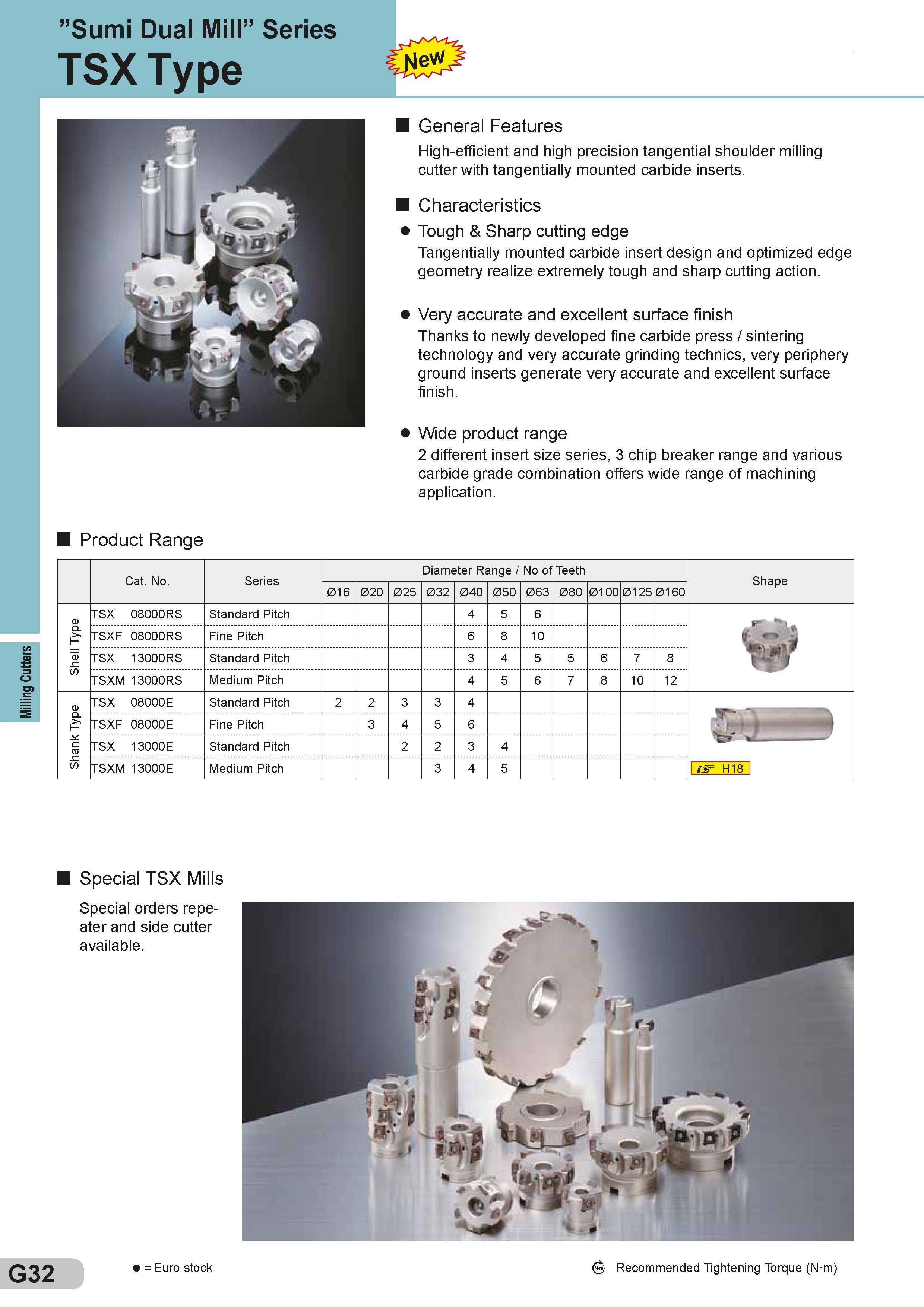 276 Milling Cutters ”Sumi Dual Mill” Series TSX Type General Features High-efficient and high precision tangential shoulder milling cutter with tangential Каталог SUMITOMO 2018 Инструмент металлорежущий Пластины сменные твердосплавные и из сверхтвердых режущих материалов Сверла спиральные Фрезы сборные с СРП Резцы Стр. G32
