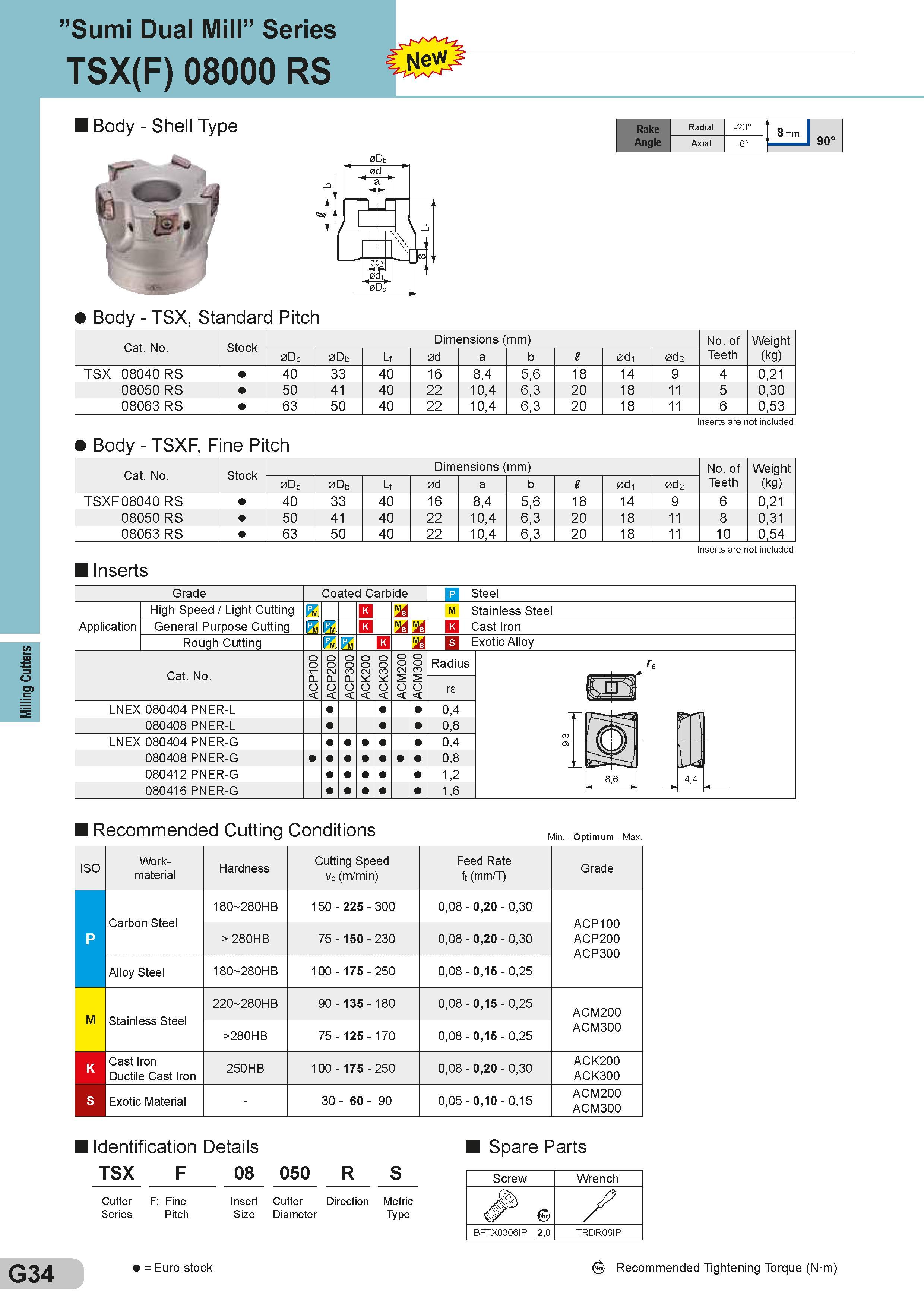 278 Milling Cutters ”Sumi Dual Mill” Series TSX(F) 08000 RS Body - Shell Type Body - TSX, Standard Pitch Cat No Stock Dimensions (mm) Размеры указаны в мм Каталог SUMITOMO 2018 Инструмент металлорежущий Пластины сменные твердосплавные и из сверхтвердых режущих материалов Сверла спиральные Фрезы сборные с СРП Резцы Стр. G34