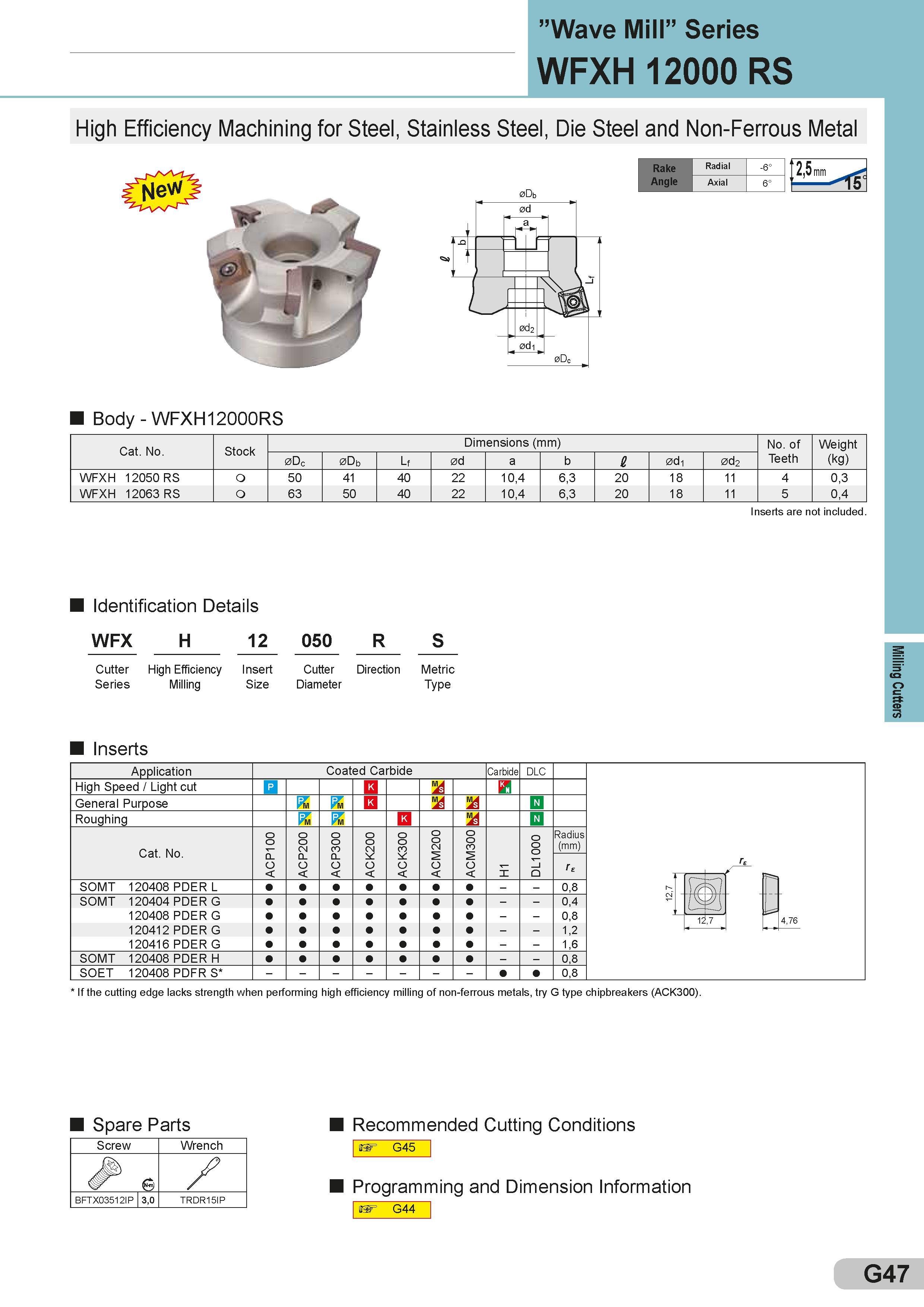 291 ”Wave Mill” Series WFXH 12000 RS High Efficiency Machining for Steel, Stainless Steel, Die Steel and Non-Ferrous Metal Rake Angle Radial -6° Axial 6° Каталог SUMITOMO 2018 Инструмент металлорежущий Пластины сменные твердосплавные и из сверхтвердых режущих материалов Сверла спиральные Фрезы сборные с СРП Резцы Стр. G47