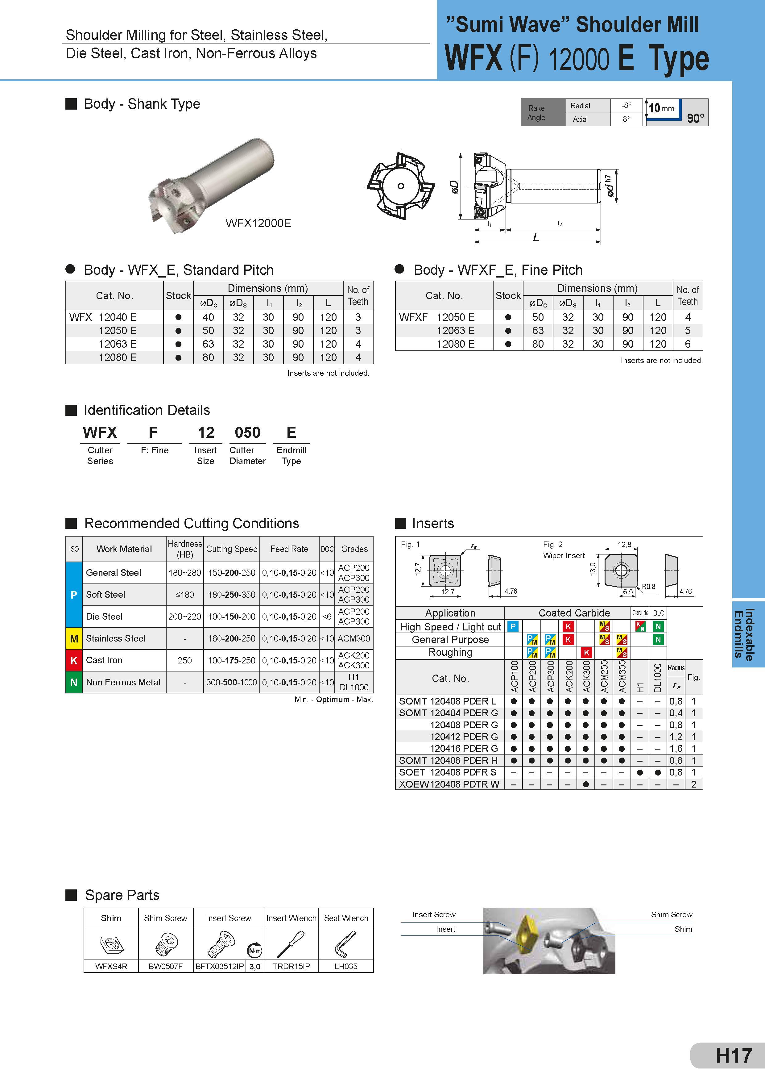 315 Shoulder Milling for Steel, Stainless Steel, Die Steel, Cast Iron, Non-Ferrous Alloys Body - Shank Type WFX12000E ”Sumi Wave” Shoulder Mill WFX (F) 12 Каталог SUMITOMO 2018 Инструмент металлорежущий Пластины сменные твердосплавные и из сверхтвердых режущих материалов Сверла спиральные Фрезы сборные с СРП Резцы Стр. H17