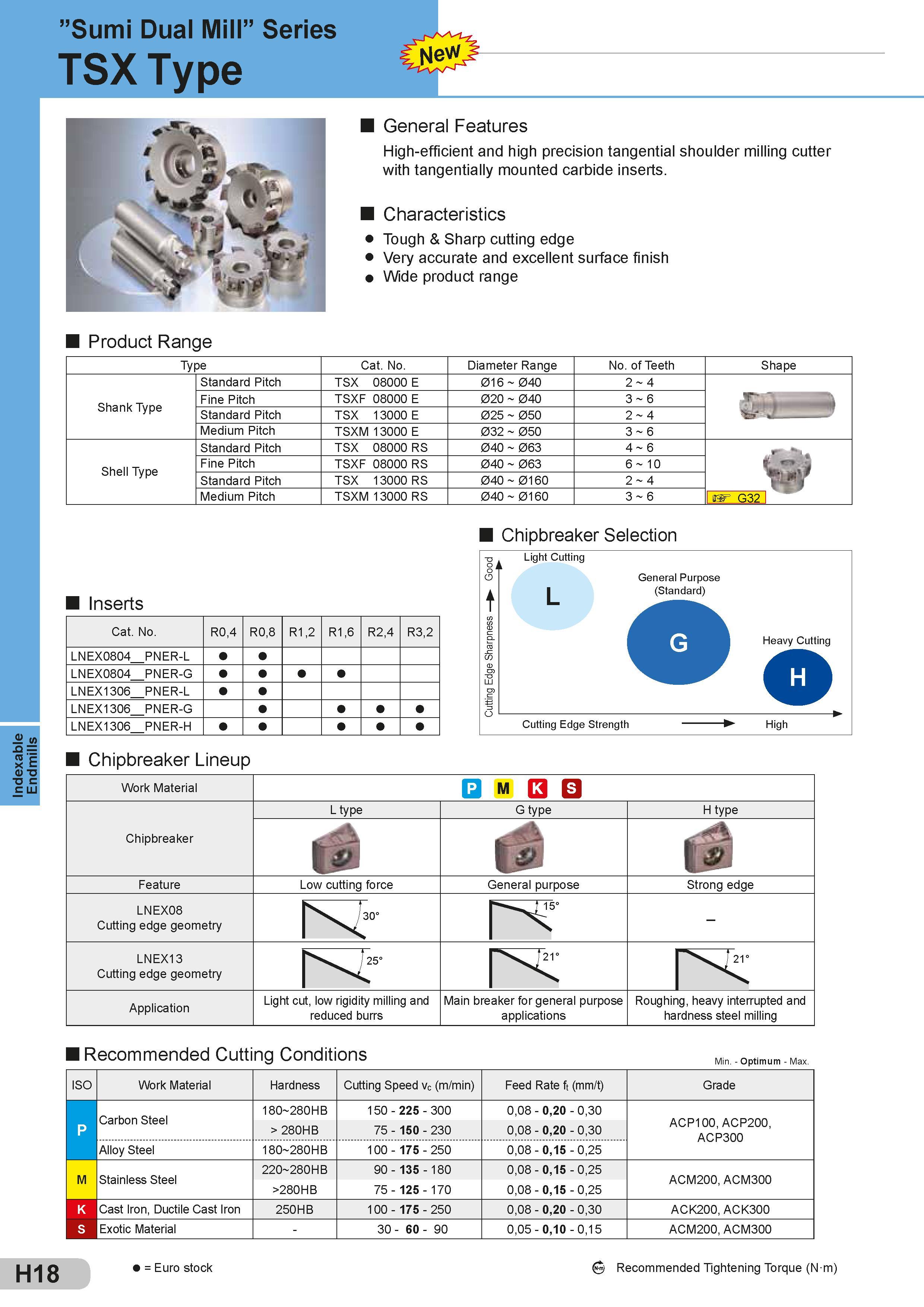 316 Indexable Endmills Sumi Dual Mill Series TSX Type Product Range General Features High-efficient and high precision tangential shoulder milling cutter Каталог SUMITOMO 2018 Инструмент металлорежущий Пластины сменные твердосплавные и из сверхтвердых режущих материалов Сверла спиральные Фрезы сборные с СРП Резцы Стр. H18