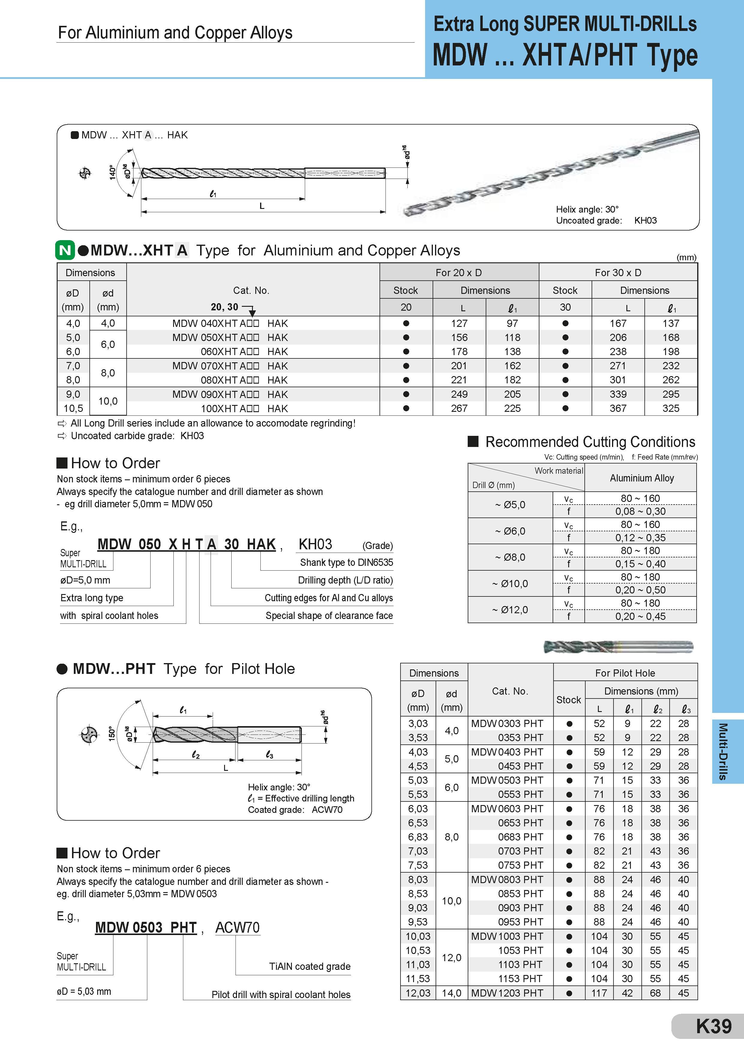 435 For Aluminium and Copper Alloys Extra Long SUPER MULTI-DRILLs MDW XHTA/PHT Type MDW XHT A Type for Aluminium and Copper Alloys Dimensions For 20x D Fo Каталог SUMITOMO 2018 Инструмент металлорежущий Пластины сменные твердосплавные и из сверхтвердых режущих материалов Сверла спиральные Фрезы сборные с СРП Резцы Стр. K39