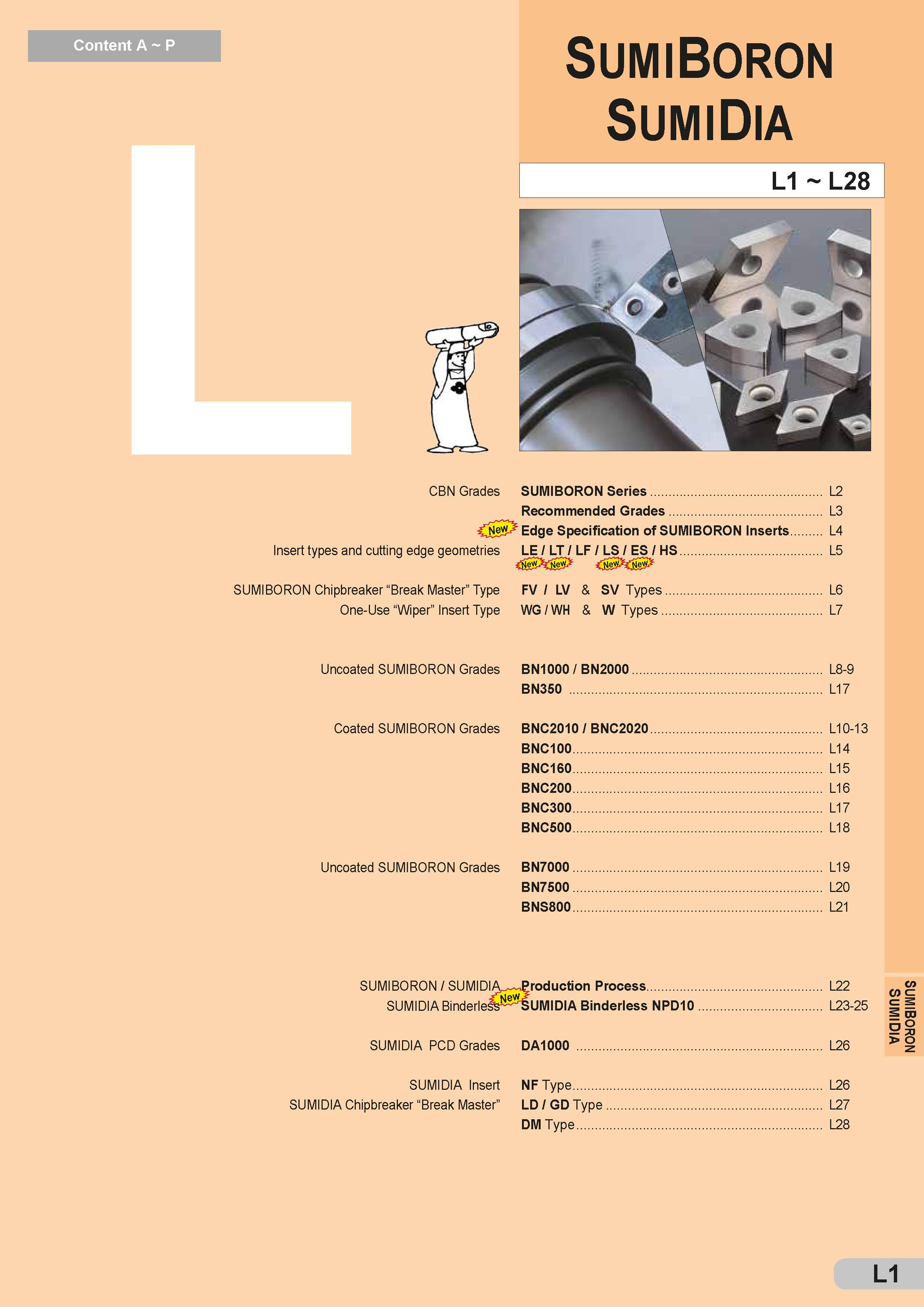 473 Content A P Sumiboron Sumidia L1 L28 CBN Grades SUMIBORON Series L2 Recommended Grades L3 New Edge Specification of SUMIBORON Inserts L4 Insert types Каталог SUMITOMO 2018 Инструмент металлорежущий Пластины сменные твердосплавные и из сверхтвердых режущих материалов Сверла спиральные Фрезы сборные с СРП Резцы Стр. L1
