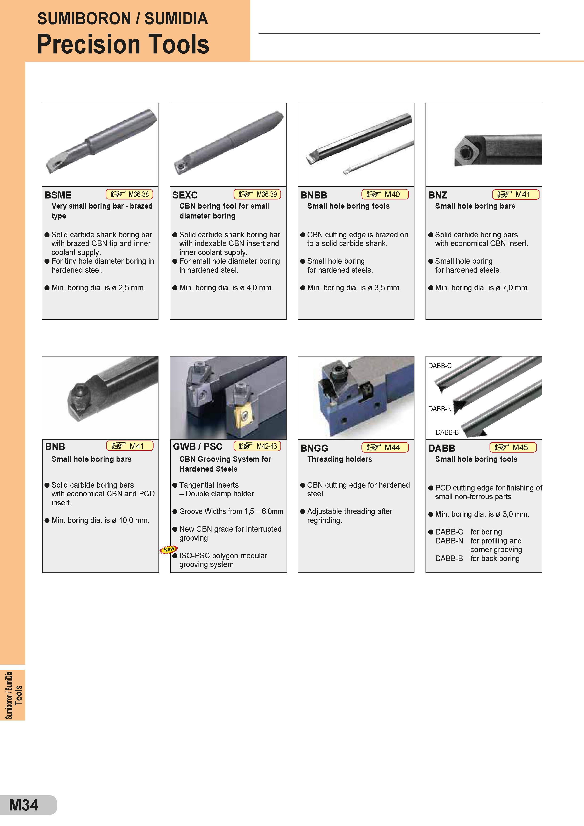 534 Tools SUMIBORON / SUMIDIA Precision Tools BSME M36-38 Very small boring bar - brazed type Solid carbide shank boring bar with brazed CBN tip and inner Каталог SUMITOMO 2018 Инструмент металлорежущий Пластины сменные твердосплавные и из сверхтвердых режущих материалов Сверла спиральные Фрезы сборные с СРП Резцы Стр. M34