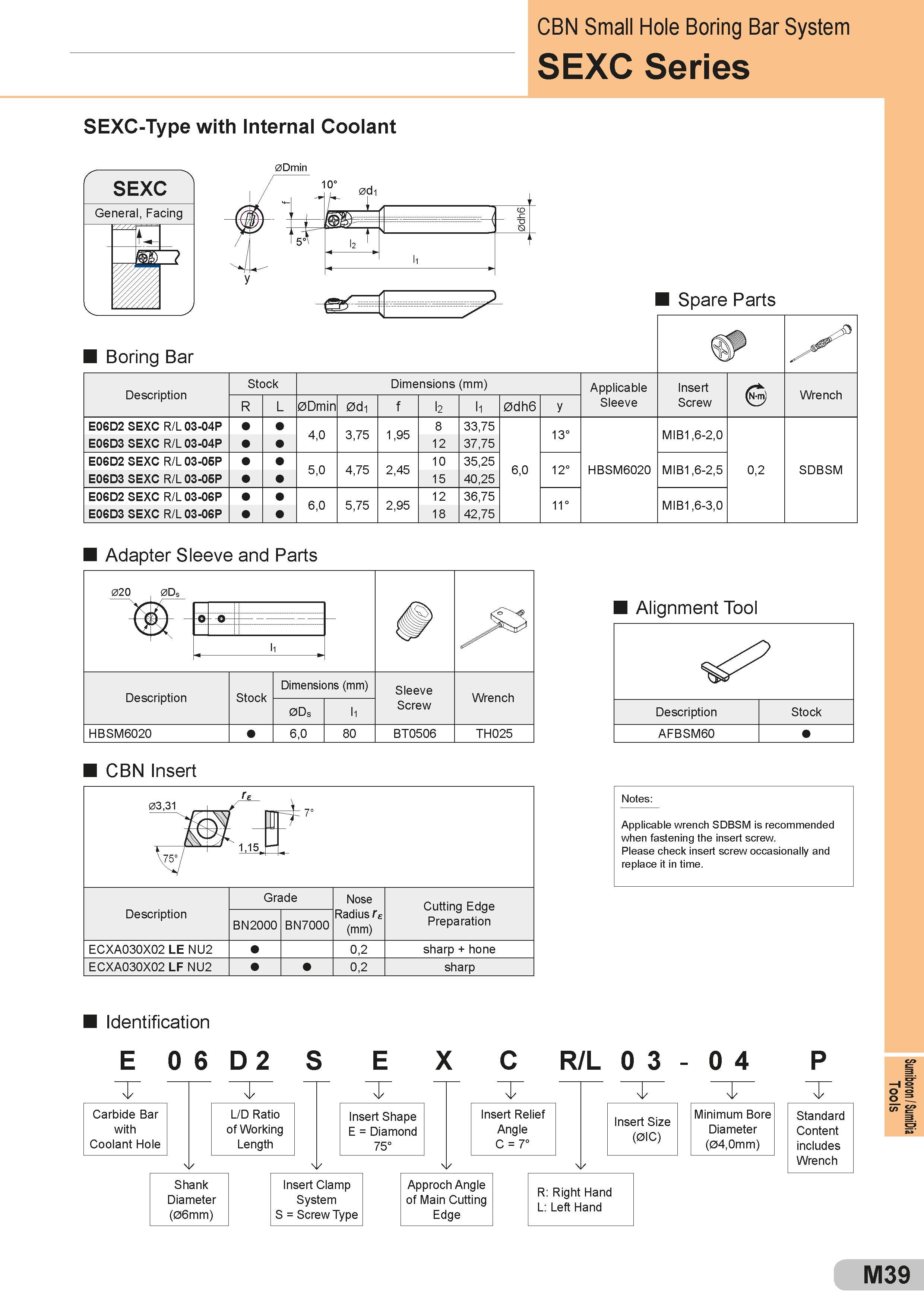 539 CBN Small Hole Boring Bar System SEXC Series SEXC-Type with Internal Coolant Adapter Sleeve and Parts Alignment Tool CBN Insert f £ 03,31 P 7° T A i 1 Каталог SUMITOMO 2018 Инструмент металлорежущий Пластины сменные твердосплавные и из сверхтвердых режущих материалов Сверла спиральные Фрезы сборные с СРП Резцы Стр. M39