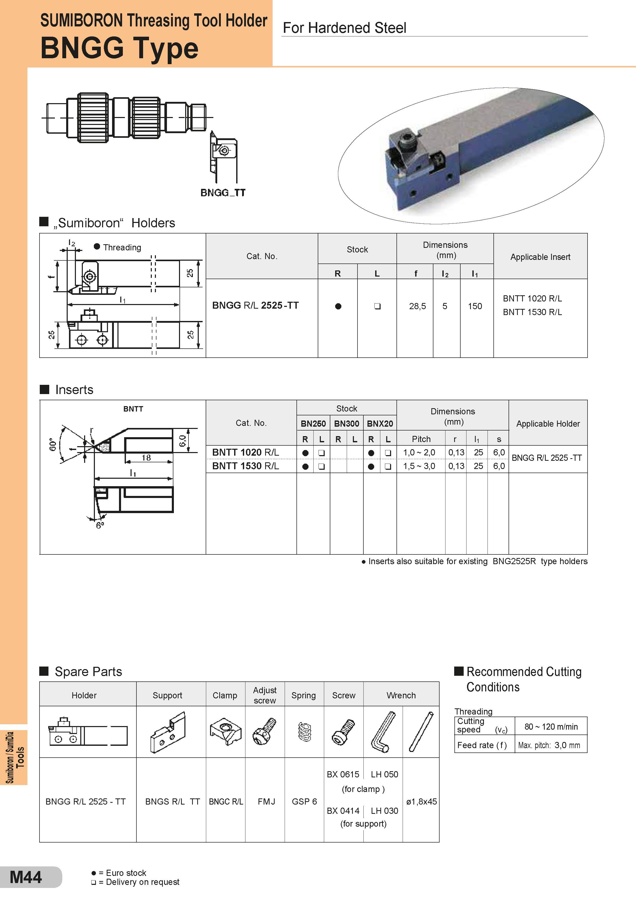 544 Tools SUMIB0R0N Threasing Tool Holder For Hardened Steel BNGG Type Cat No Stock Dimensions (mm) Размеры указаны в мм Applicable Insert R L f 12 l1 BNG Каталог SUMITOMO 2018 Инструмент металлорежущий Пластины сменные твердосплавные и из сверхтвердых режущих материалов Сверла спиральные Фрезы сборные с СРП Резцы Стр. M44