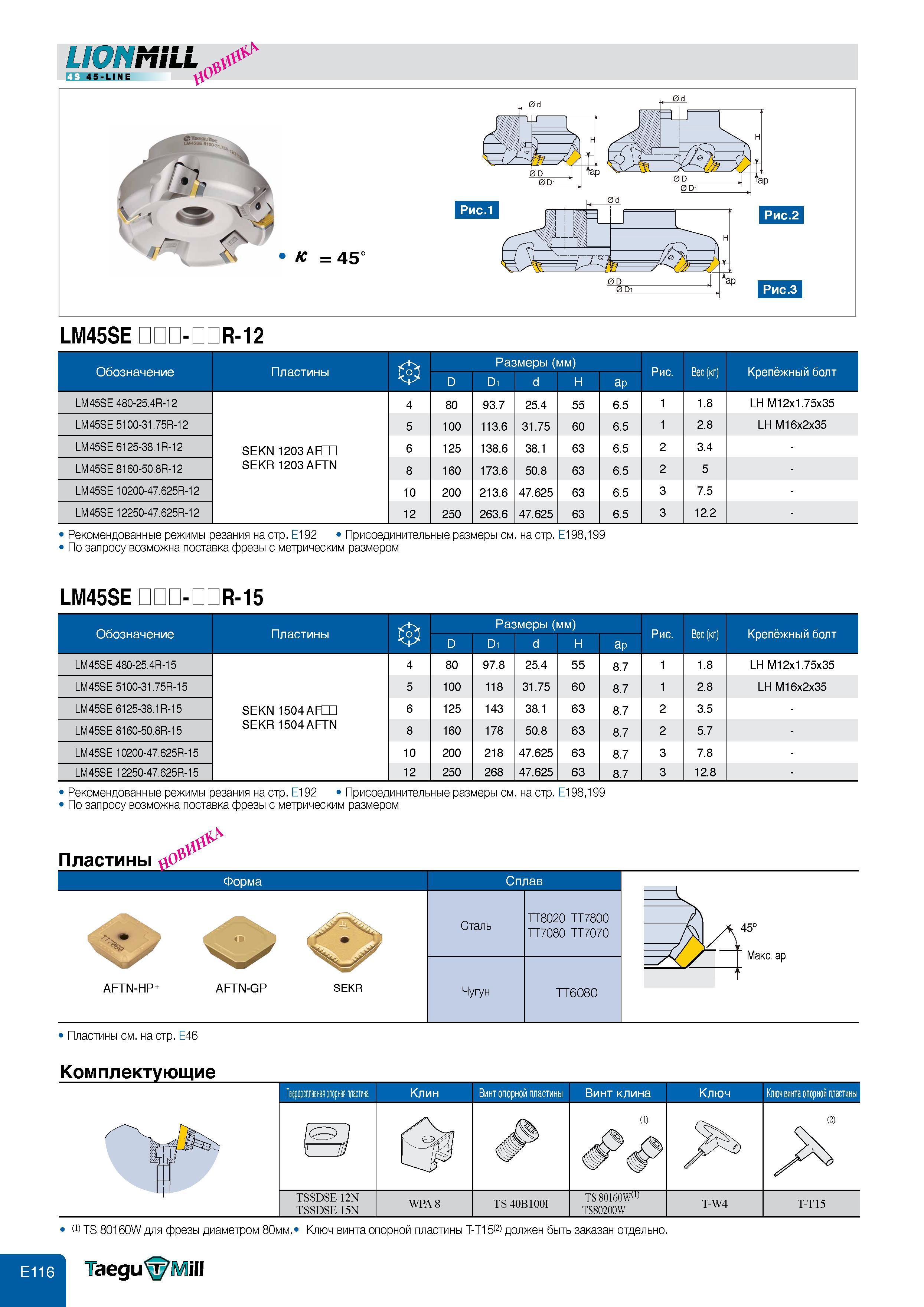 554 LION MILL ГП 45-LINE LM45SE - R-12 Обозначение Пластины D Размеры (мм) D1 d H ap Рис Вес (кг) Крепёжный болт LM45SE 480-25 4R-12 SEKN 1203 ARID SEKR Каталог TAEGUTEC 2011 Металлорежущий инструмент и инструментальная оснастка Стр. E116