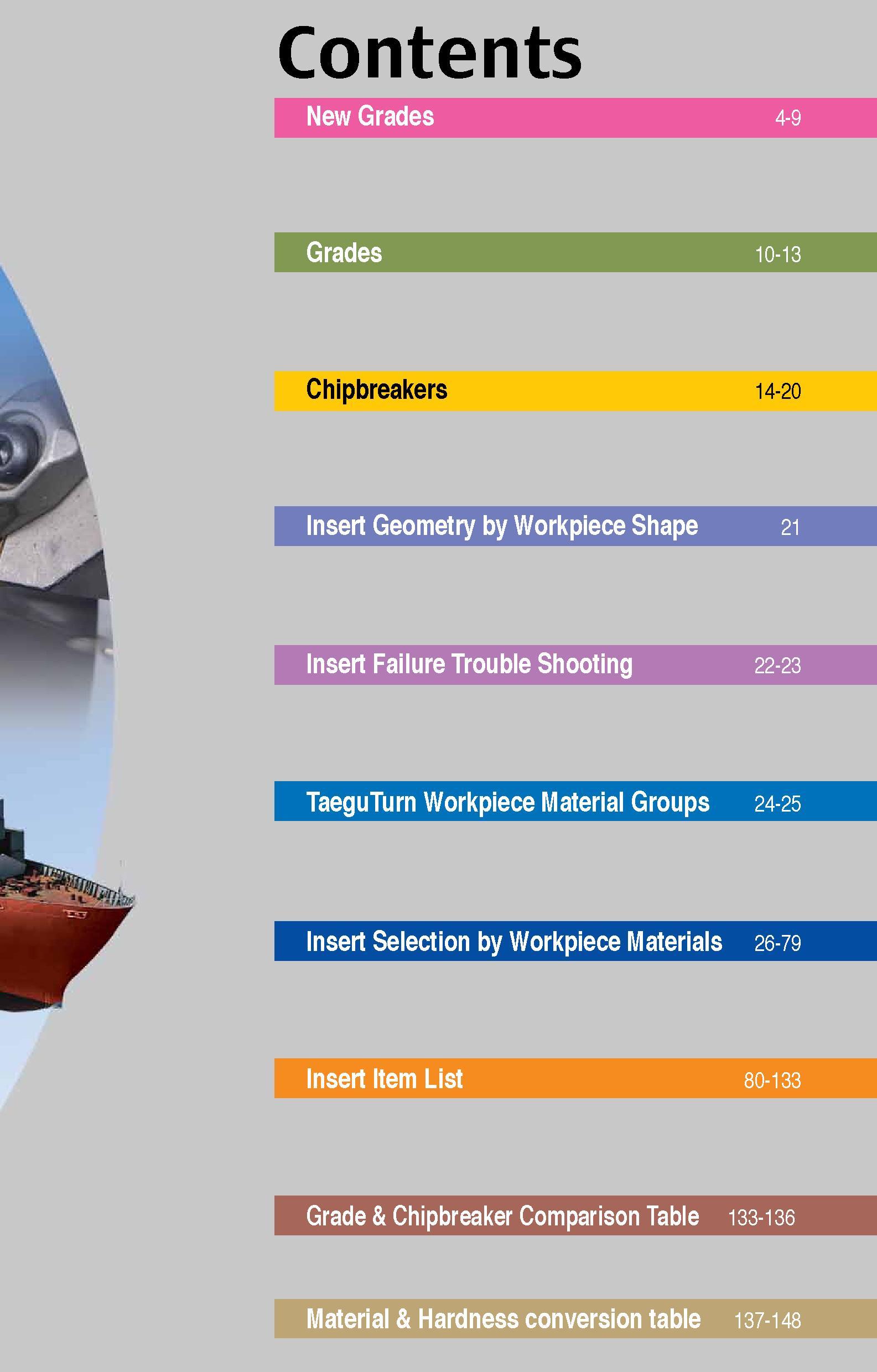 3 Contents Chipbreakers 14-20 TaeguTurn Workpiece Material Groups 24-25 Insert Selection by Workpiece Materials 26-79 Insert Item List 80-133 Grade Каталог TAEGUTEC 2013 Сменные режущие токарные пластины для металлообработки Инструментальные материалы Сплавы Стружколомы Геометрия Справочная информация Стр. 