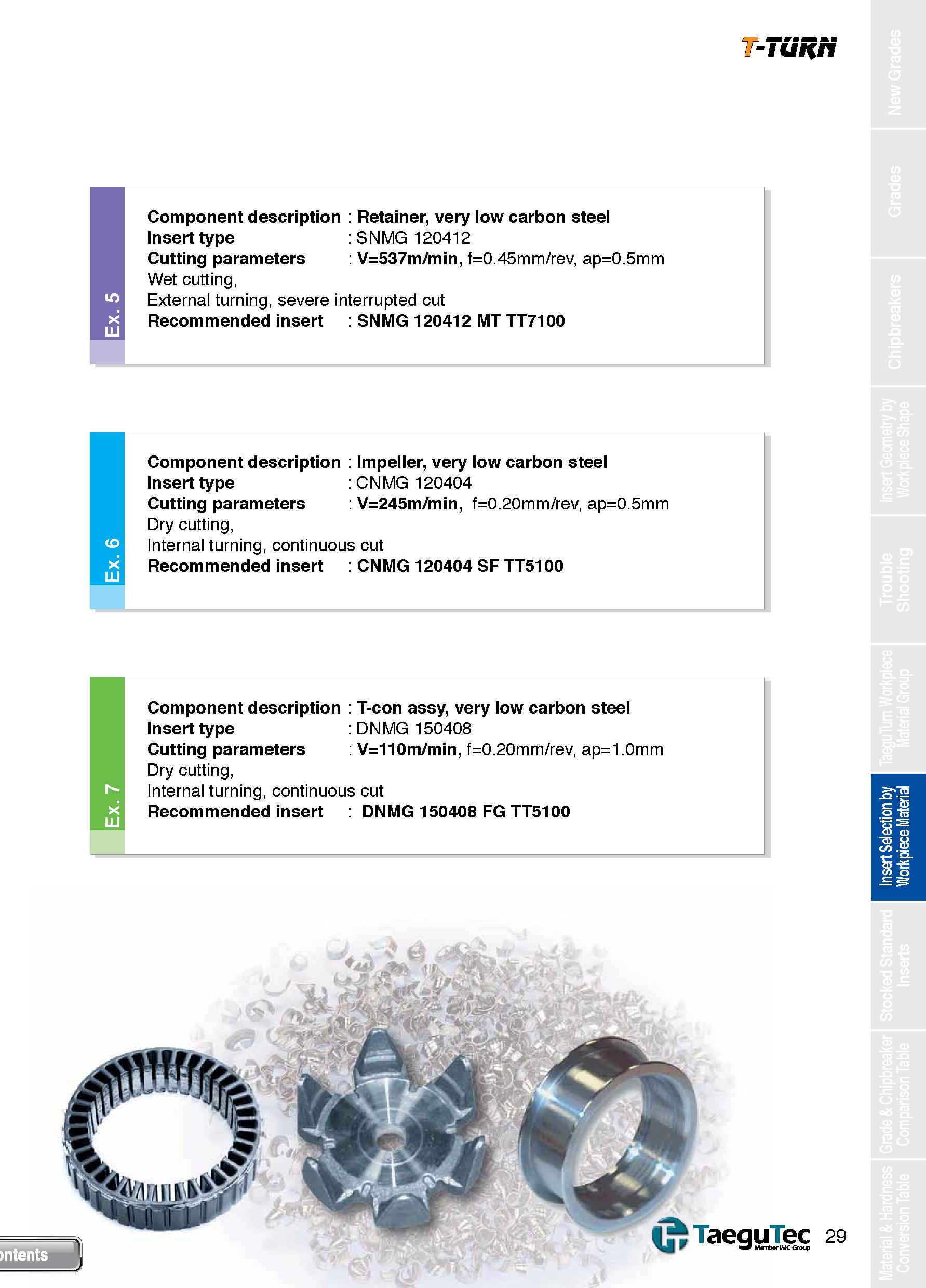 29 T-TURN Component description Retainer, very low carbon steel Insert type SNMG 120412 Cutting parameters V=537m/min, f=0 45mm/rev, ap=0 5mm Wet cu Каталог TAEGUTEC 2013 Сменные режущие токарные пластины для металлообработки Инструментальные материалы Сплавы Стружколомы Геометрия Справочная информация Стр. 29