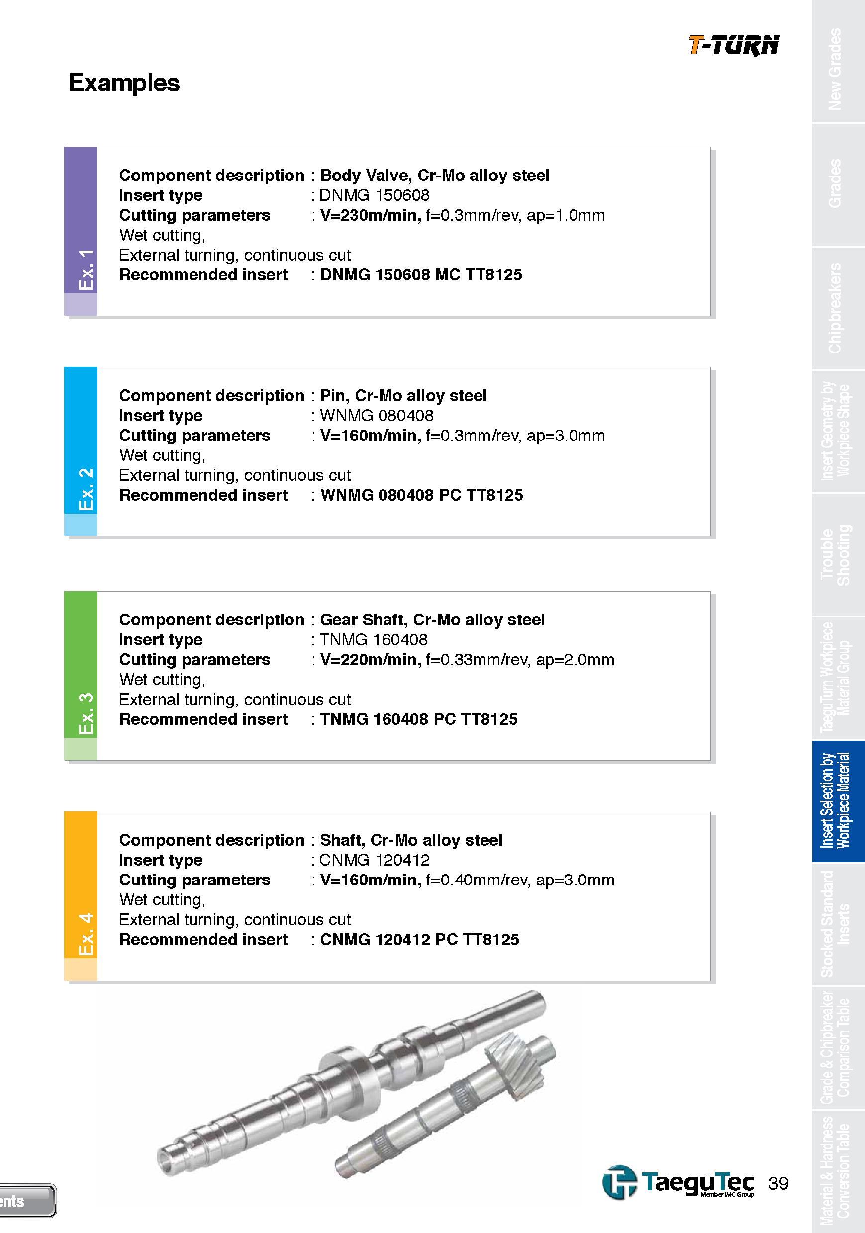 39 T-TURN Examples Component description Body Valve, Cr-Mo alloy steel Insert type DNMG 150608 Cutting parameters V=230m/min, f=0 3mm/rev, ap=1 0mm Каталог TAEGUTEC 2013 Сменные режущие токарные пластины для металлообработки Инструментальные материалы Сплавы Стружколомы Геометрия Справочная информация Стр. 39